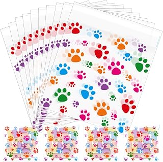 Pasimy 200 Pack Paw Print Self-Adhesive Cellophane Bags - Clear Pet Treat Pouches for Dog Party Favors & Gifts