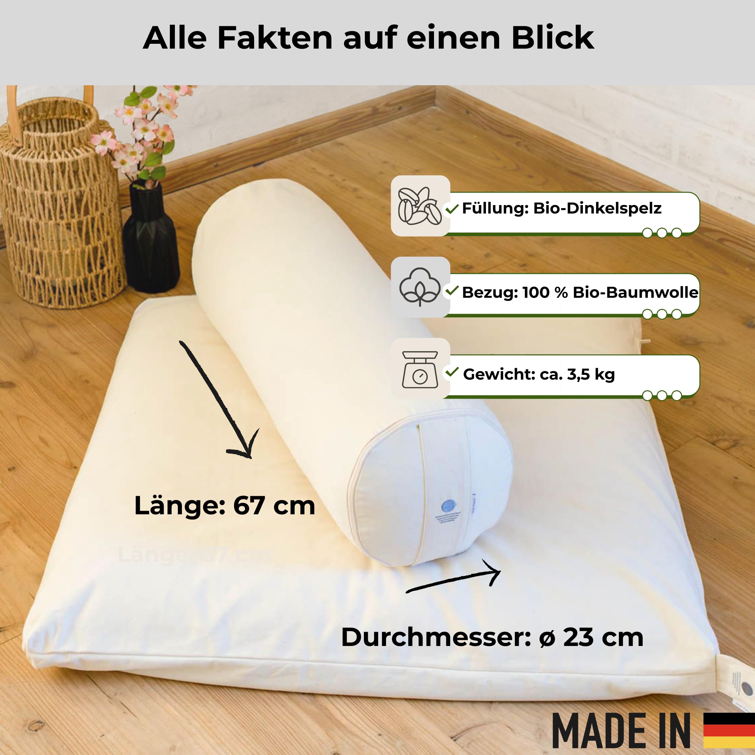 Yoga Bolster Ø 23 cm mit Bio-Dinkelfüllung | Bezug aus 100% Bio-Baumwolle, Yogakissen lang, Made in Germany, waschbarer Bezug, für Yoga & Entspannung