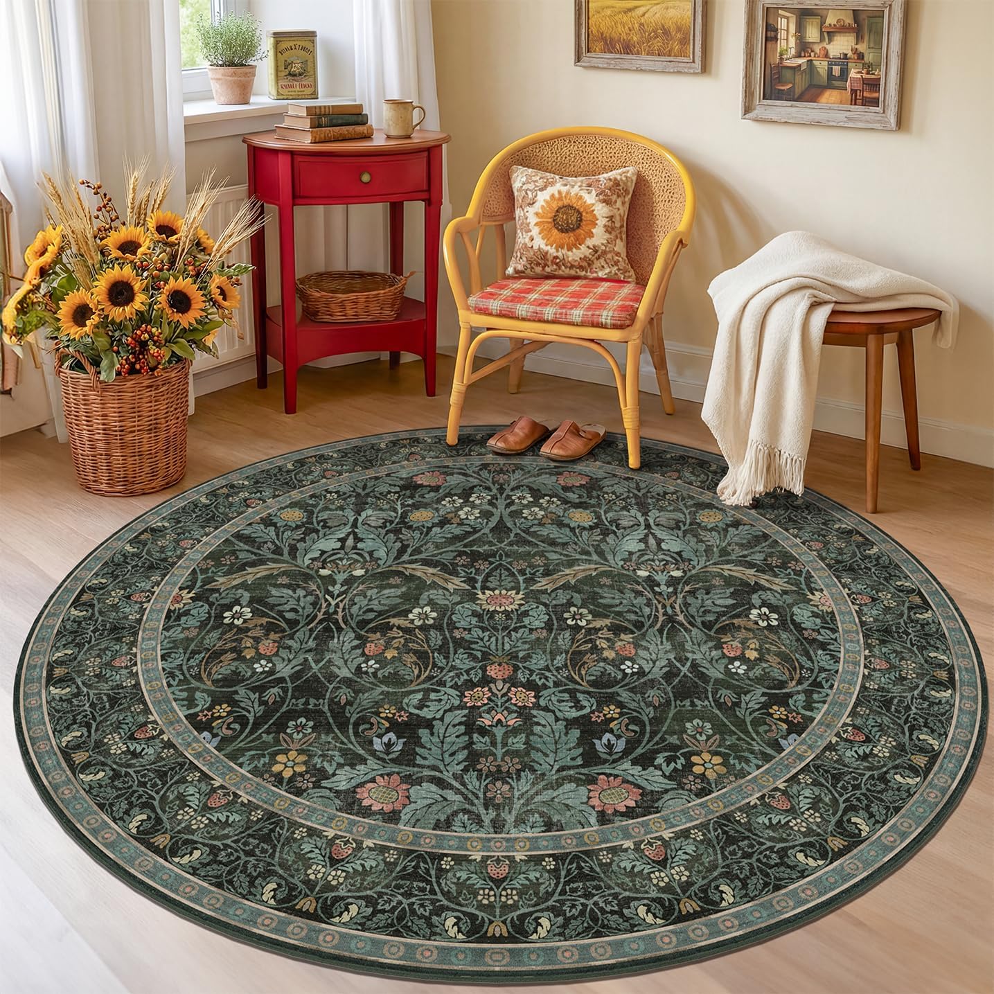 Dark Green 6ft Round Rugs for Living Room, Kitchen, Botanical Floral Washable Circle Area Rug for Bedroom, Dining Room, Traditional Oriental Moody Home Decor Circular Carpet