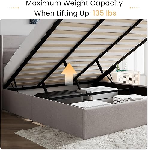 Miniatura 7 de SHA CERLIN Cama de almacenamiento elevable cabecera con respaldo alado marco de cama tapizado no necesita somier soporte de listones de madera beige