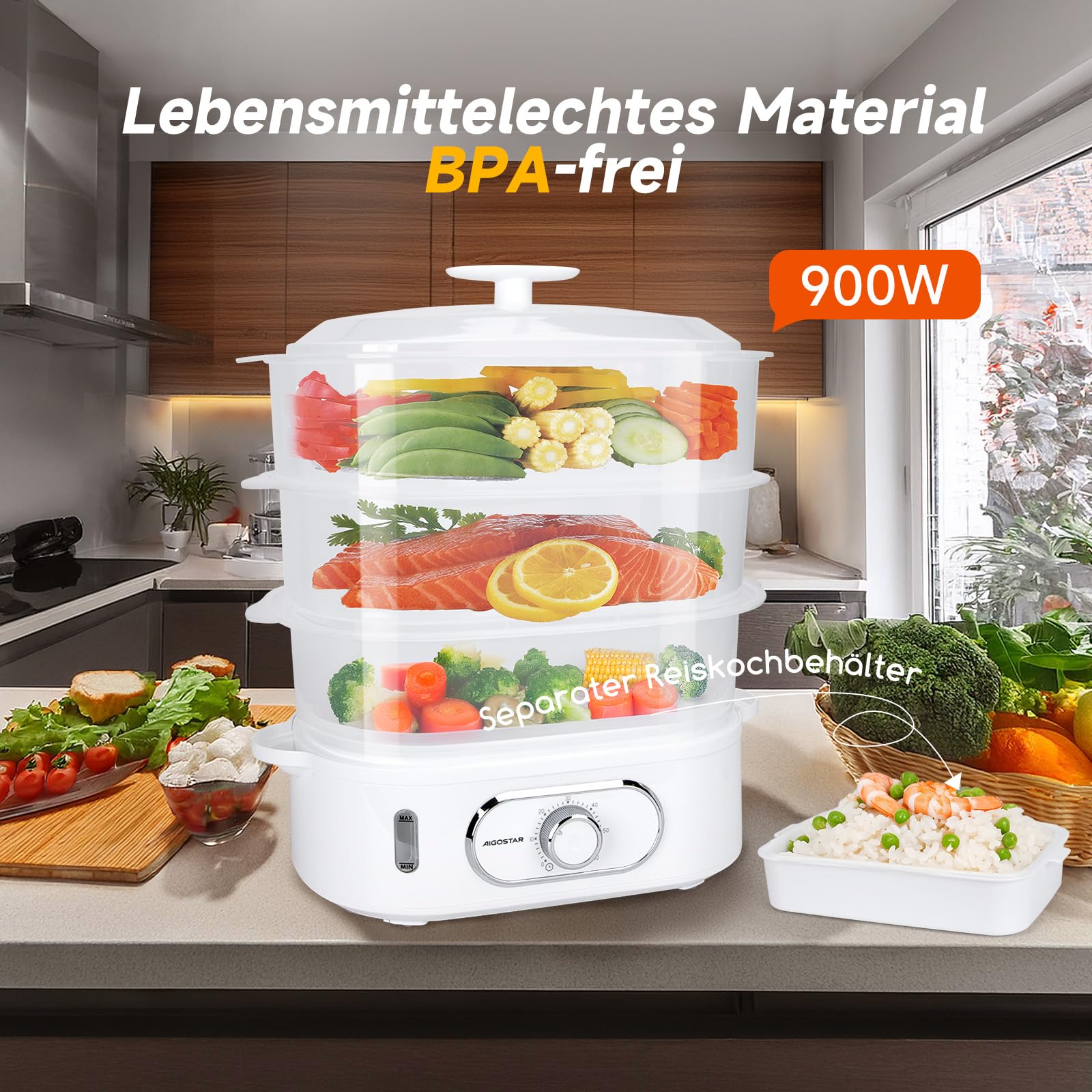 Aigostar Elektrischer Dampfgarer 12L mit Timer, Dampfgarer mit 3 stapelbaren Behältern, Reiskocher & Eierhalter, 60-Minuten-Timer, spülmaschinengeeignet 900 W weiß (Modell: Fitfoodiepro)