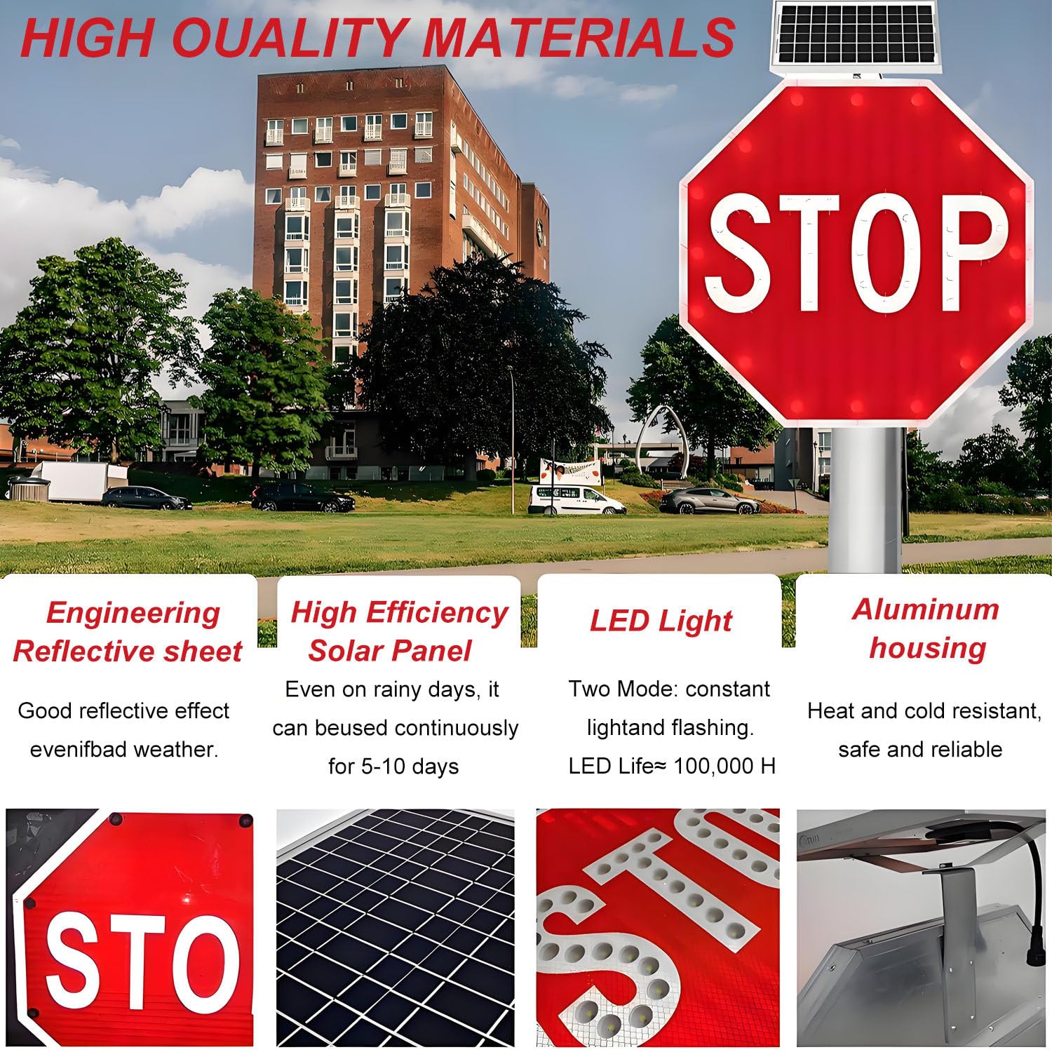 Señales de tráfico solares Intermitentes, señal de tráfico Octagonal de Aluminio, con película Reflectante de Grado Industrial, señal de Stop LED Intermitente con energía Solar 32IN-2