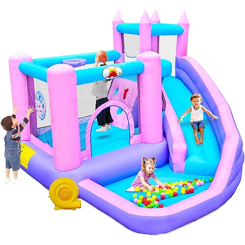 Inflatable Bounce House with Slide, Kids Jumping Castle with Blower, Ball Pit, Climbing Wall, Dartboard, Basketball Hoop, 108x122x86 Inch