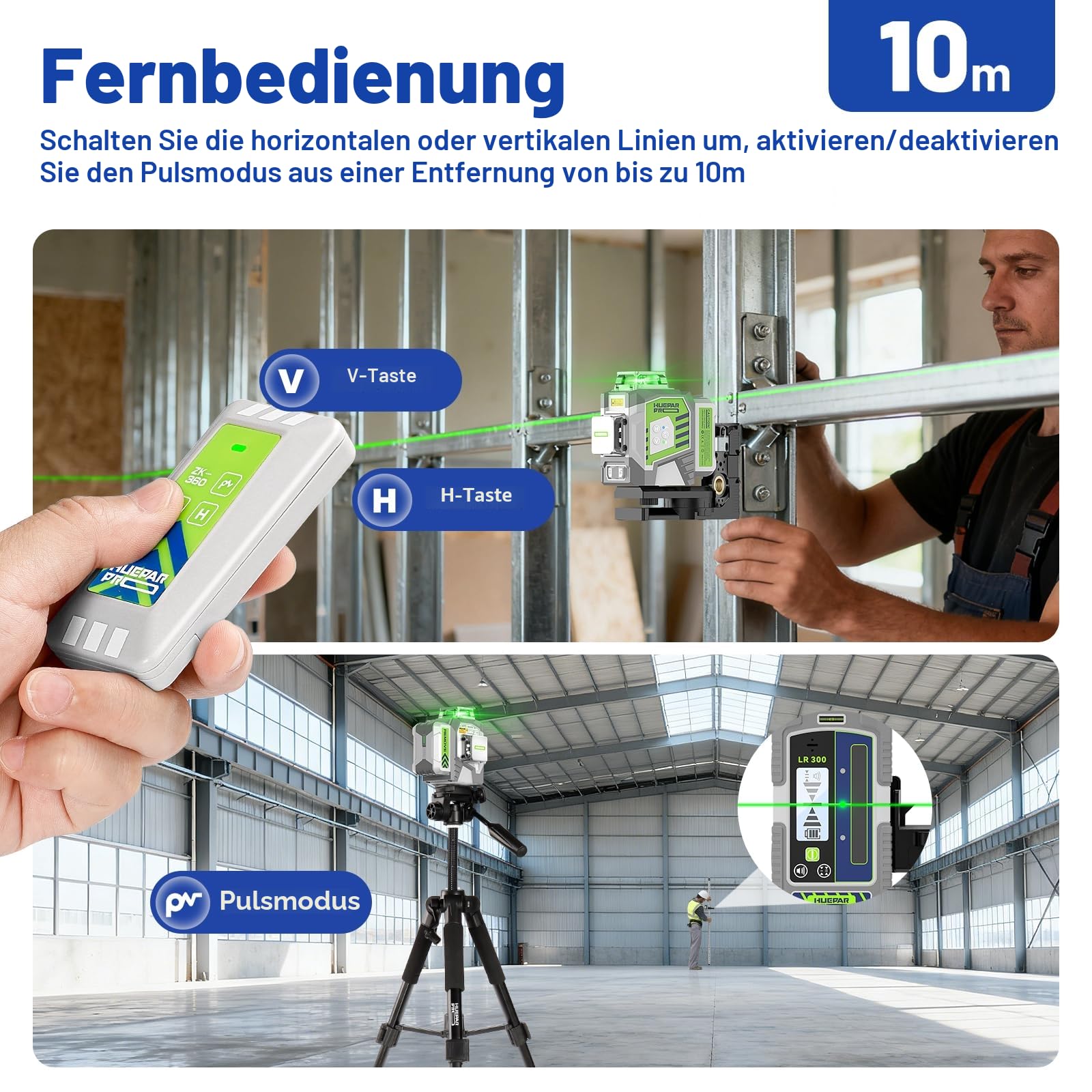 Huepar Pro Kreuzlinienlaser mit Stativ, 360 Laser Wasserwaage Selbstnivellierend Linienlaser Fernbedienung, 127 cm Stativ, 10 Stunden Arbeitszeit Wiederaufladbar, ±2mm hohe Genauigkeit Transportkoffer