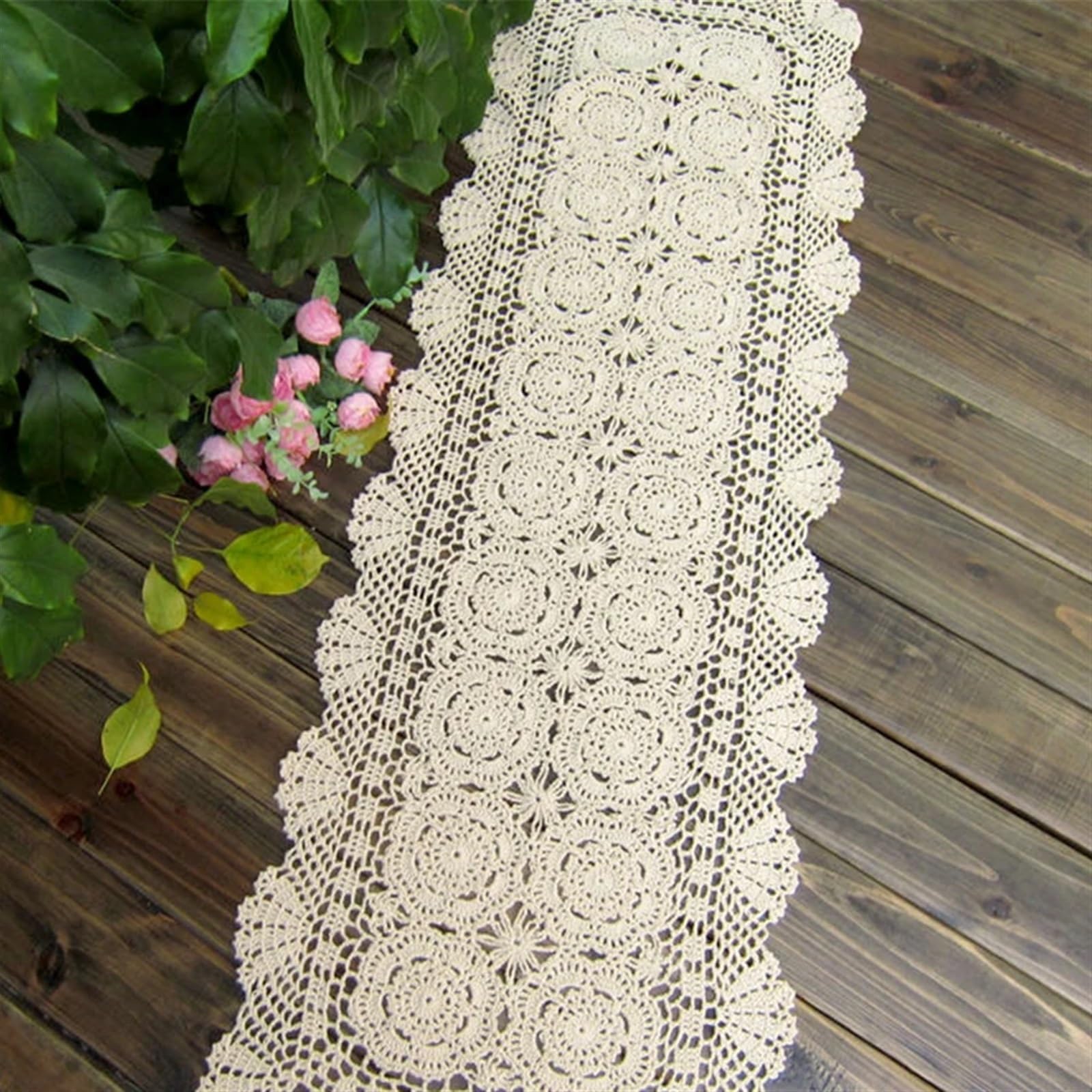 Elegant und luxuriös Handgemachte Baumwolle Gehäkelte Tischdecke Spitzendeckchen Blumen Tischläufer for Zuhause Café Tischdekoration 1 Teile/los (Beige,40x140cm)