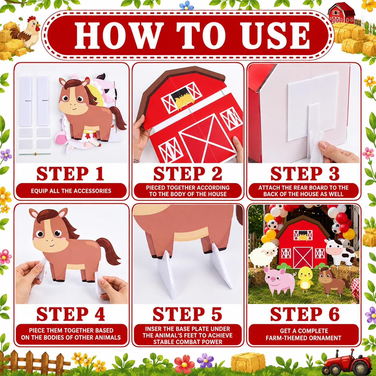 6Pcs Large Farm Animal Stand-Up Cutouts Barn Farm Animal Party Decoration Plastic Yard Signs for Farmhouse Birthday Baby Shower Barnyard Lawn Classroom Photo Props Decor