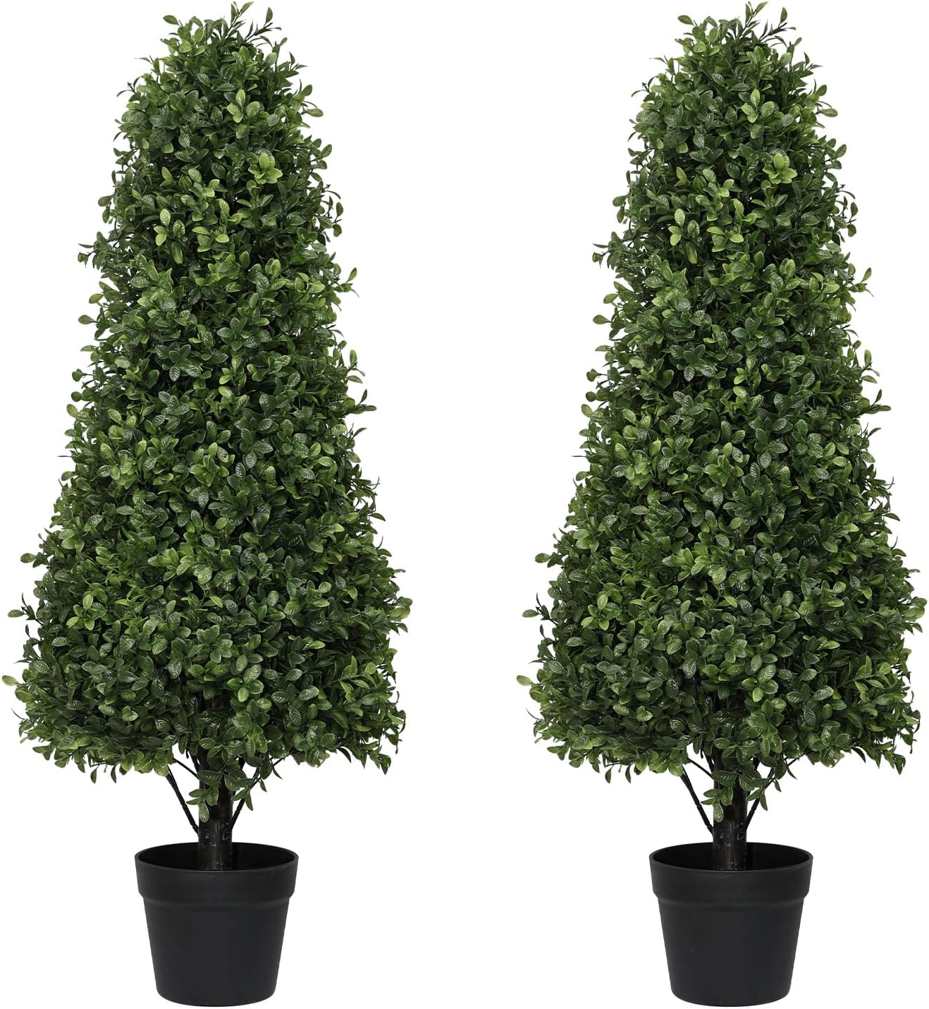 3ft Artificial Boxwood Topiary Trees (Set of 2) - UV Resistant Faux Plants Outdoor, Realistic 36" Fake Cone Bushes and Shrubs for Front Porch, Planter, Patio - Low Maintenance & Evergreen Dark Green 3ft