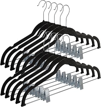 Home-it Pants Hangers With Clips 10 Pack - Black Velvet Non Slip Space-Saving for Pants, Skirts, Coats, Dresses, Tank Tops, Clothes - Felt Ultra Thin