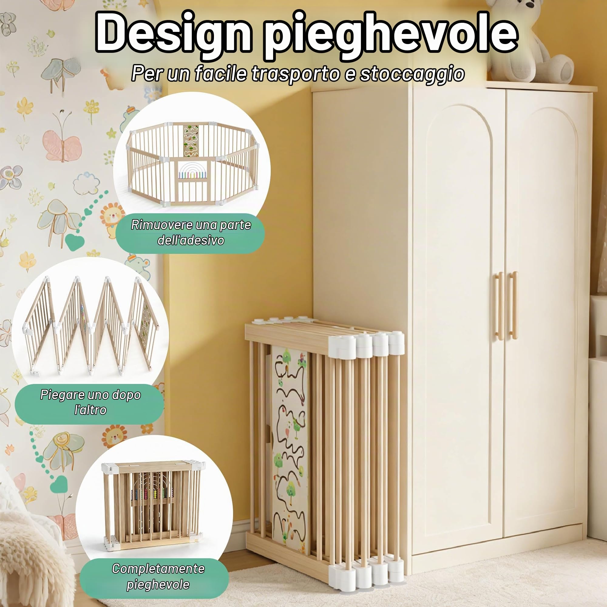 UISEBRT Box XXL per bambini in legno con 2 centri di gioco, dimensioni e forma regolabili, con doppio fusibile, pieghevole, 8 elementi, con materasso