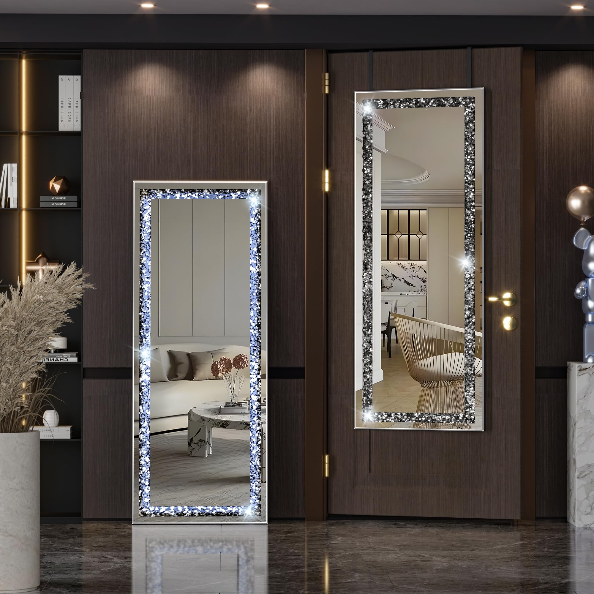Hasipu 47" x 18" Full Length Mirror with Lights and Crystal Crush Diamond, Over The Door Hanging