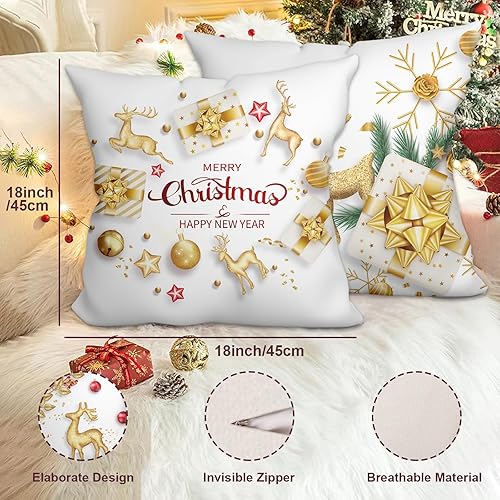 Miniatura 2 de WSZBDY Juego de 4 fundas de almohada de Navidad, copos de nieve de oro blanco, decoración de Navidad, renos, 18 x 18 pulgadas, juego de 4 adornos de