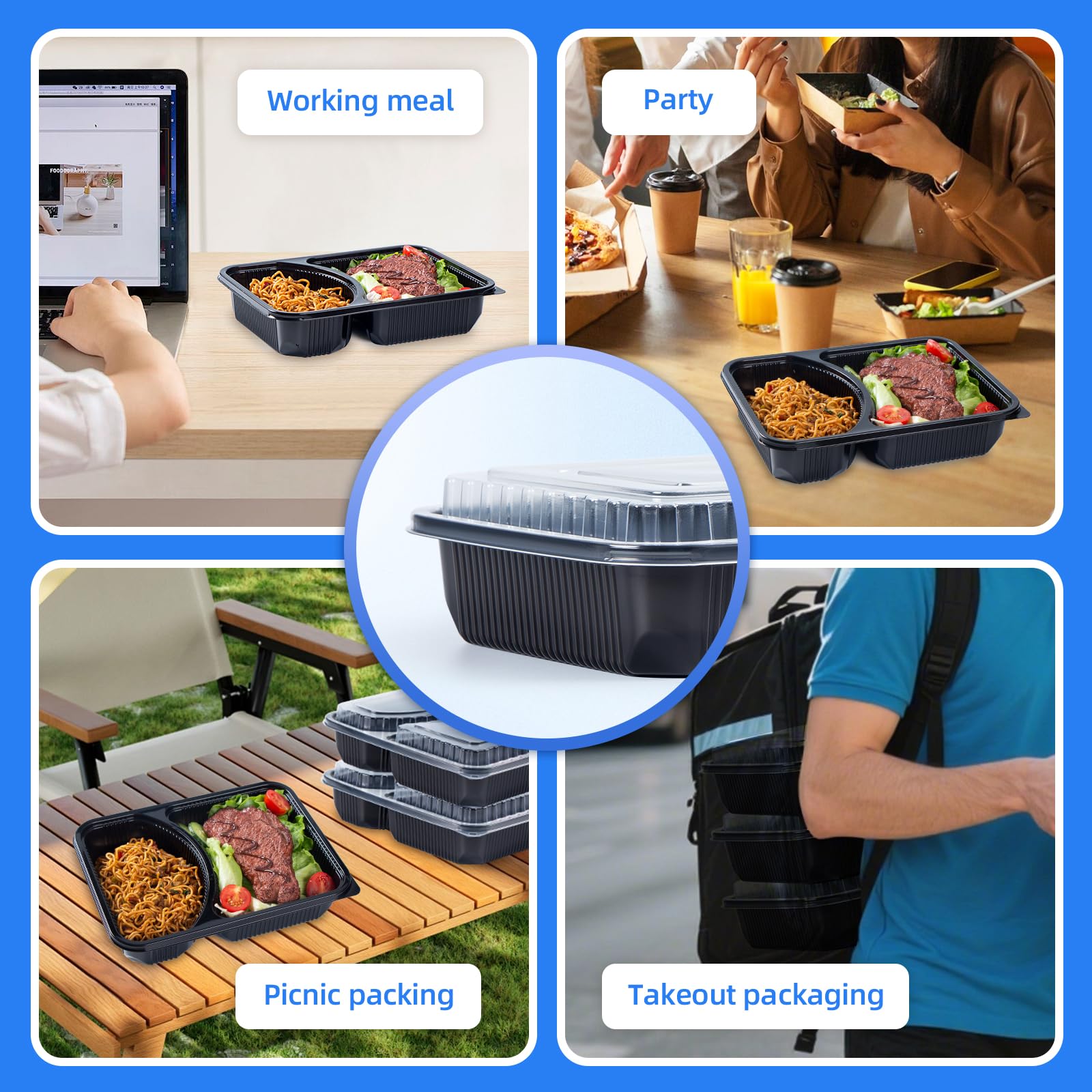 YANGRUI Contenedores To Go, paquete de 40 (40 bandejas + 40 tapas) 44 onzas y 2 compartimentos sin BPA, reutilizable, envoltura retráctil lavable a máquina, contenedor de preparación de comidas