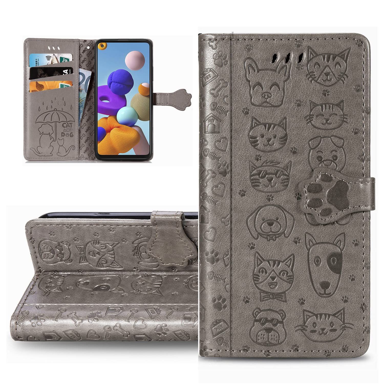 Motorola Moto E20 / Moto E30 / E40 Phone Case Moto E20 Cover,Cute Cat Dog Embossed PU Leather Flip Notebook Wallet Case Magnetic Stand Card Slot Folio Case for Moto E20,SD Cat Gray