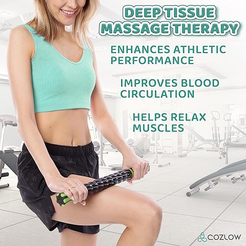 Miniatura 2 de Barra de rodillo muscular - Negro y verde - Herramienta de masaje corporal con 9 rodillos y asas antideslizantes para masaje de tejido profundo y