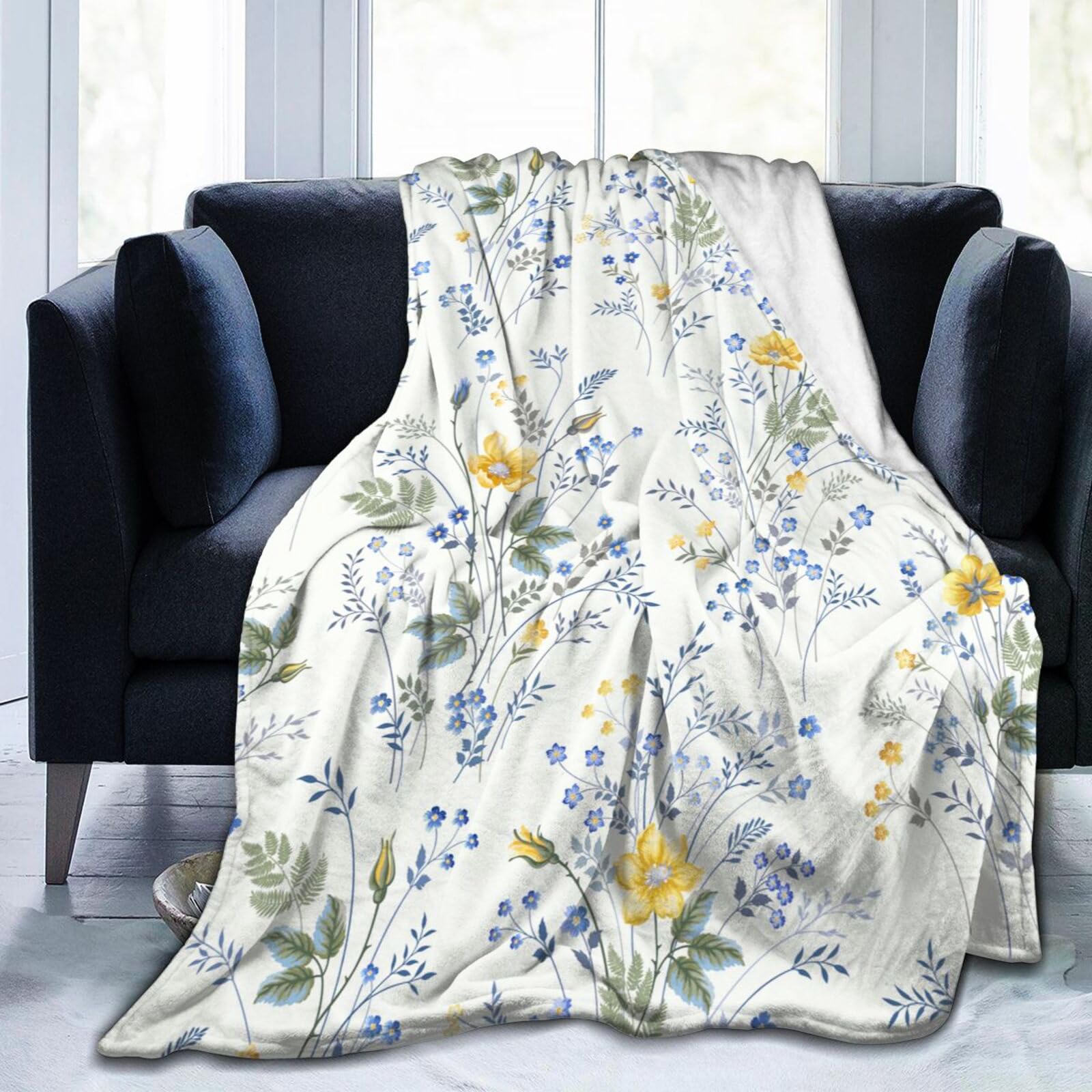 Blue Yellow Flower Floral Blanket, Soft Blankets Flannel Bed Throw Cozy Lightweight Plush Gifts for Women Girls Sofa Couch Bedroom Living Rooms Warm