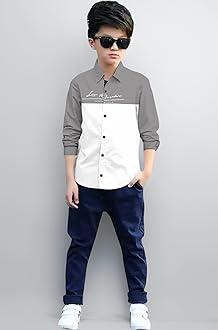 Boys Half & Half Long Sleeve Shirts Classic Collared Button-Down Tshirt Solid Cotton Letter Printed Kids & Junior Boys Shirt