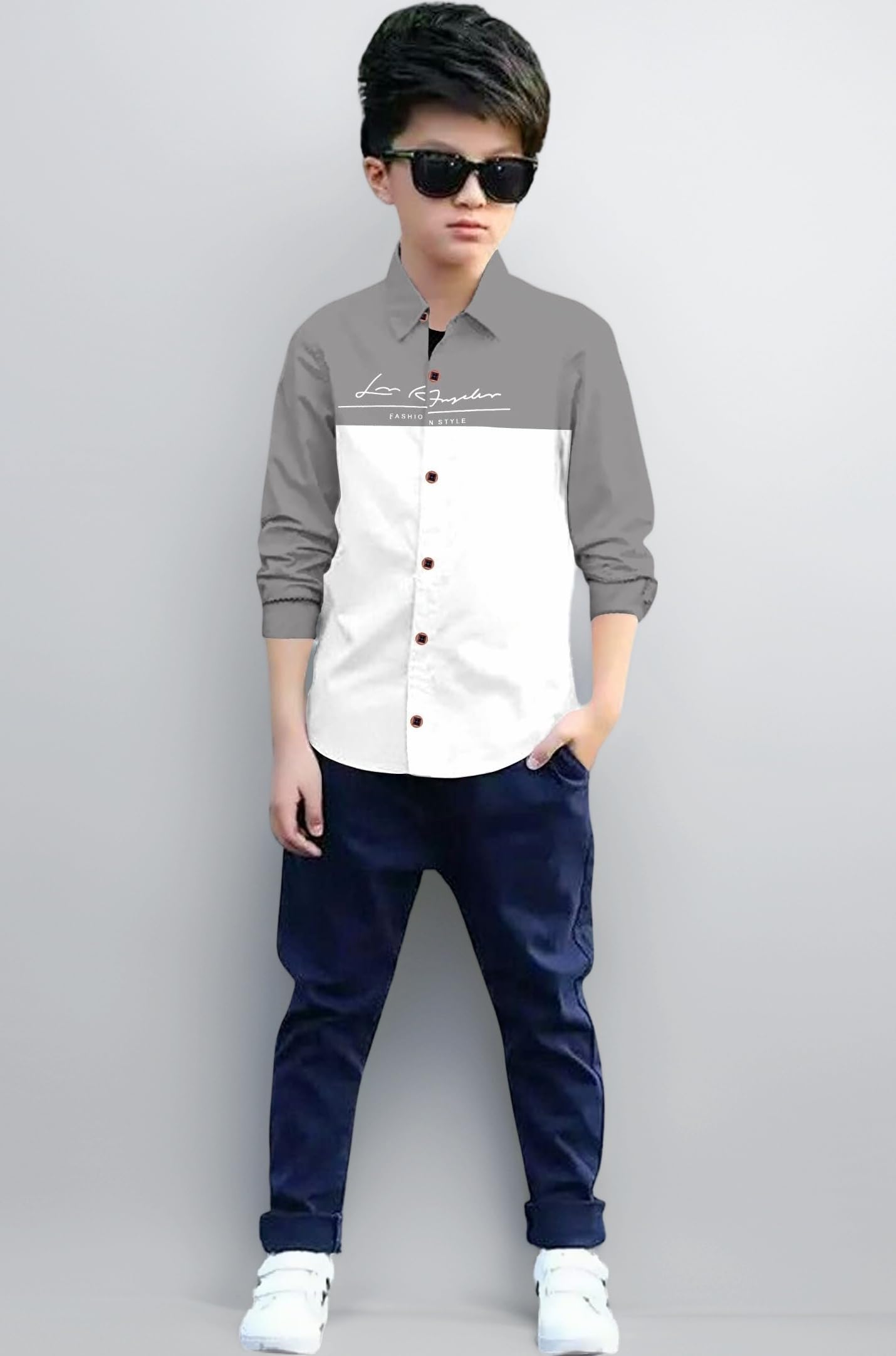 Boys Half & Half Long Sleeve Shirts Classic Collared Button-Down Tshirt Solid Cotton Letter Printed Kids & Junior Boys Shirt