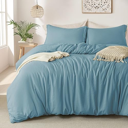MILDLY Super Soft Duvet Cover - 100% Washed Microfiber Grayish Blue Comforter Cover Set 3 Pieces with Zipper Closure & Corner Ties (No Comforter)