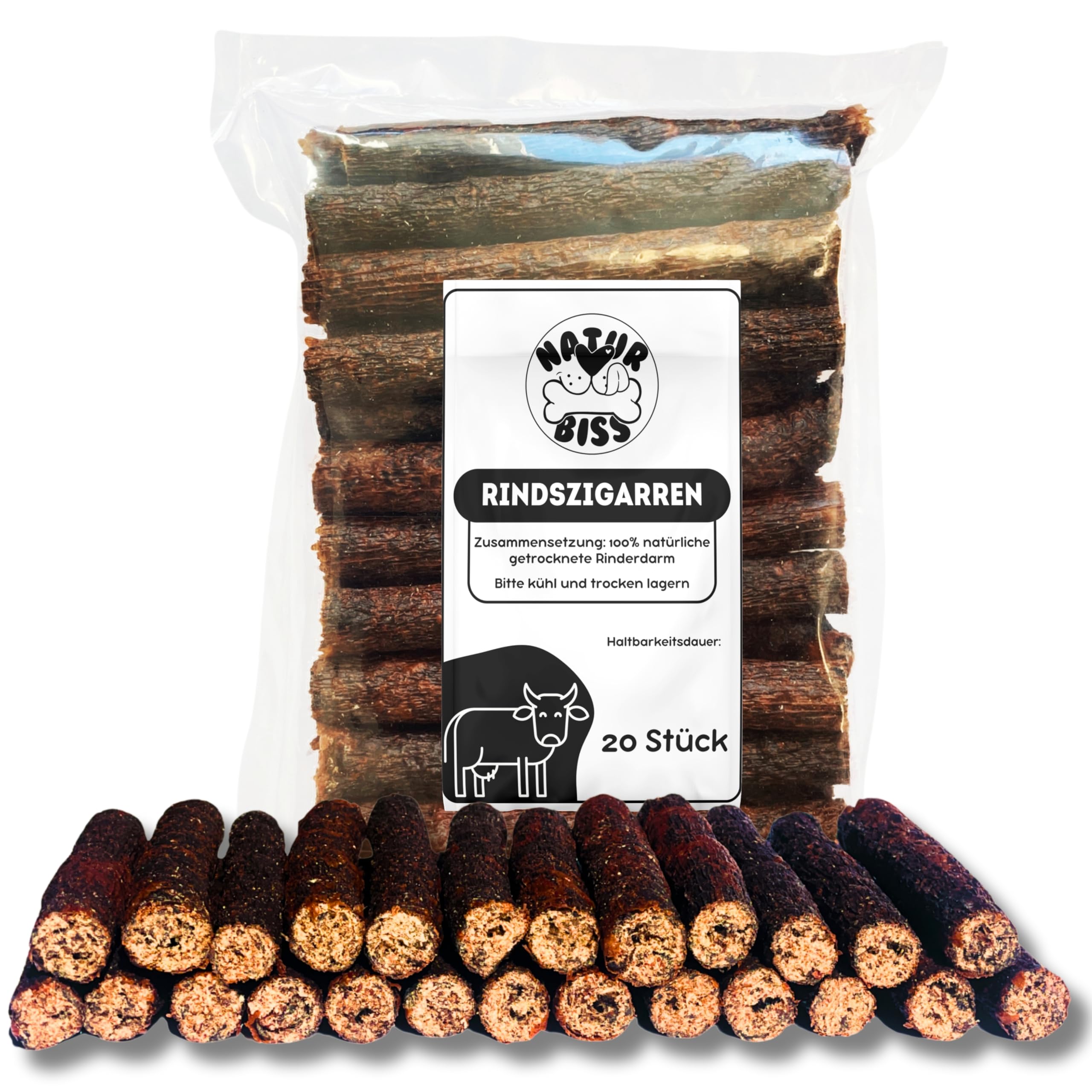 Sigari per cani in manzo – 20 pezzi (12 cm) – sigari ipoallergenici e senza cereali – monoproteina, 98% rotoli di carne muscolare – carne secca all'aria