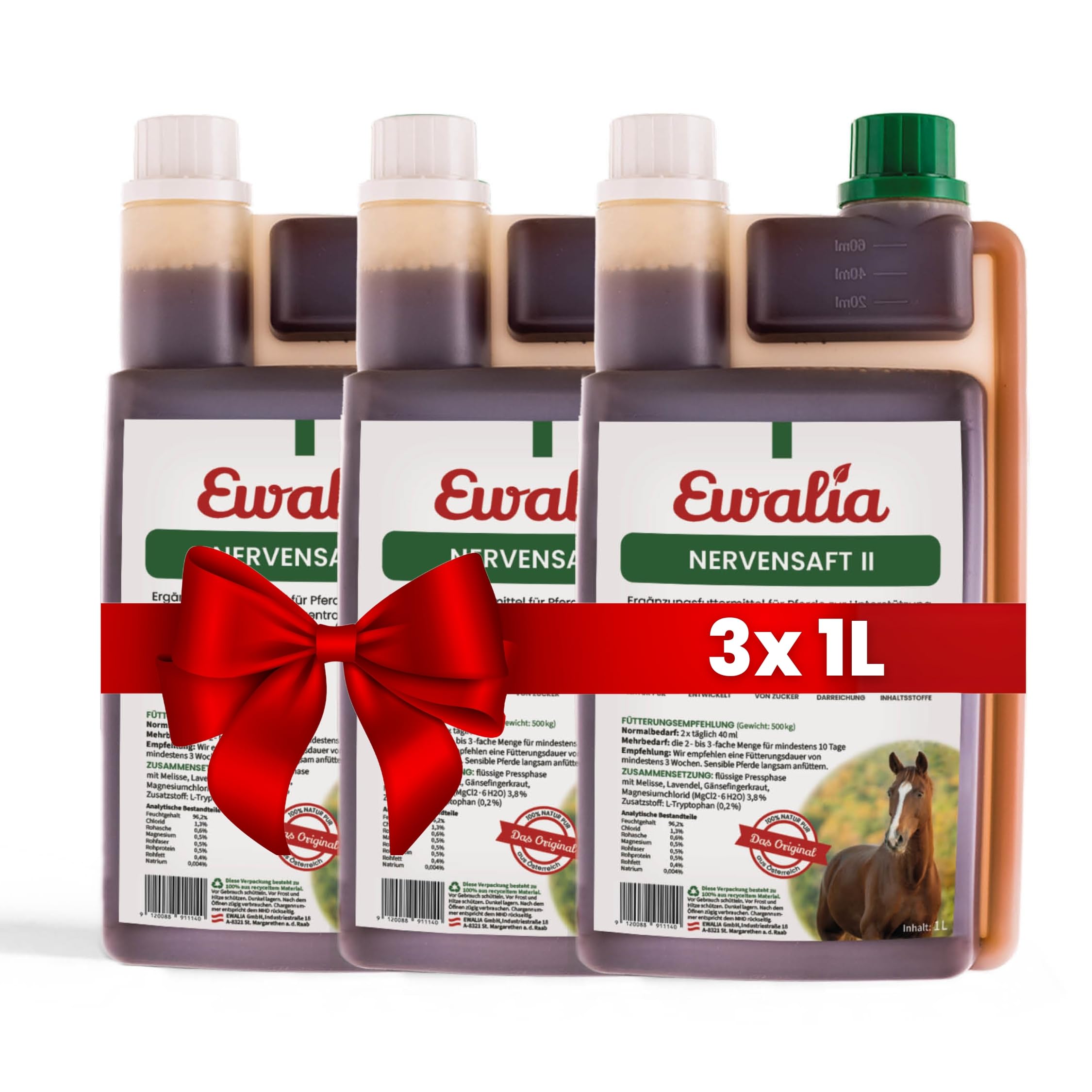 EWALIA Jugo nervioso II – Apoyo específico para un rendimiento concentrado en caballos – Ideal para competiciones y entrenamiento, desarrollado con veterinarios, 100% natural, libre de aditivos, 3 x 1