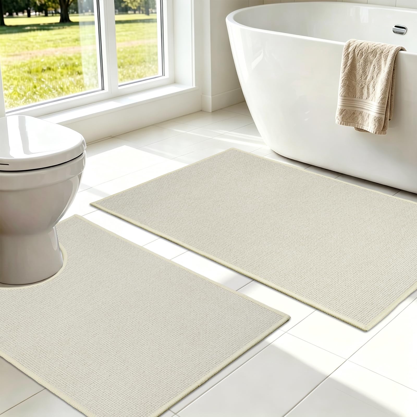 Famibay 2 Piece Bath Mat Set, Non Slip Bathroom Rug Washable, Water Absorbent Bath Mats Toilet Mat for Bathroom Floor, Beige