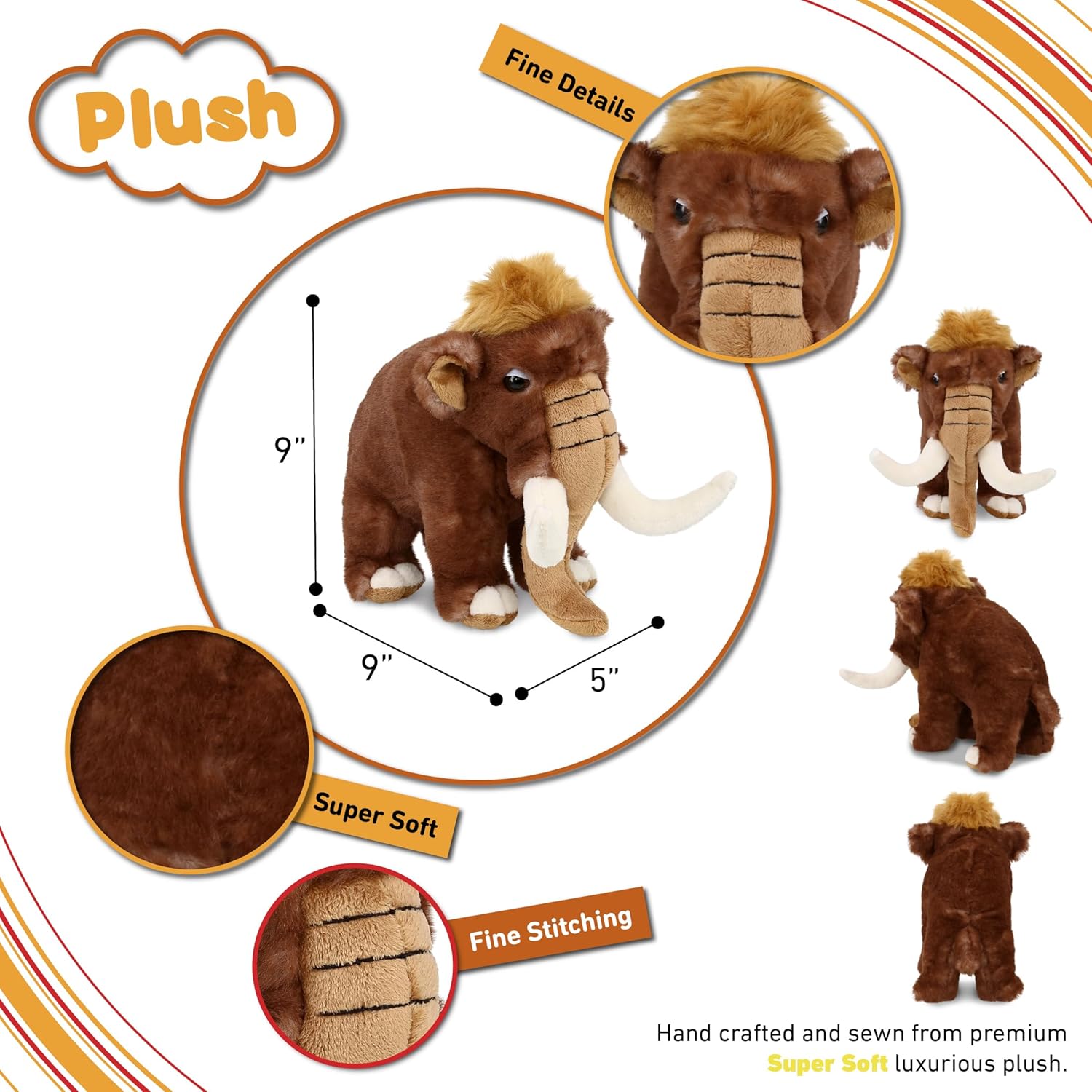 DolliBu Plush Mammoth Stuffed Animal - Soft Huggable Wild Woolly Mammoth, Adorable Playtime Mammoth Plush Toy, Cute Wildlife Cuddle Gift for Kids & Adult - 9 Inch