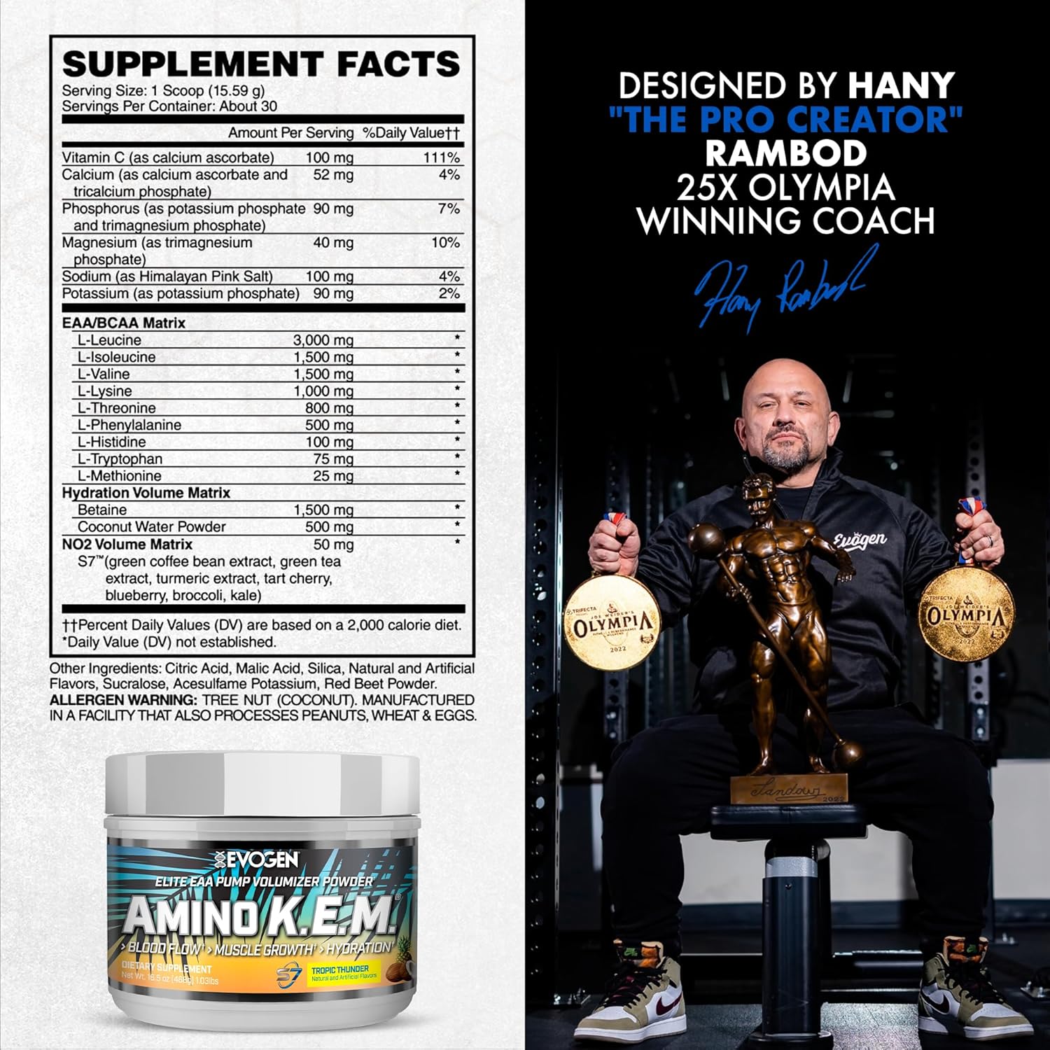 Evogen Amino K.E.M. - EAA & BCAA Powder Pump Volumizer | BCAAs Amino Acids Supplement for Blood Flow, Muscle Growth, & Hydration | Tropic Thunder | 30 Servings - Image 3