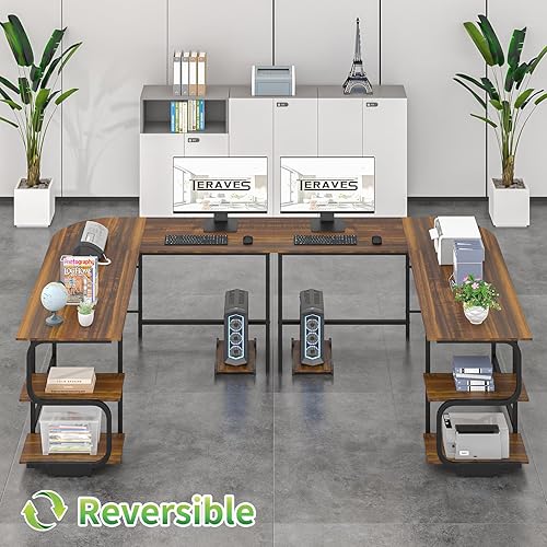 Miniatura 4 de Teraves Reversible L Shaped Desk with Large Surface, 69 Inch Sturdy Corner Desk with Storage Shelves, Premium Office Computer Desk Workstation for