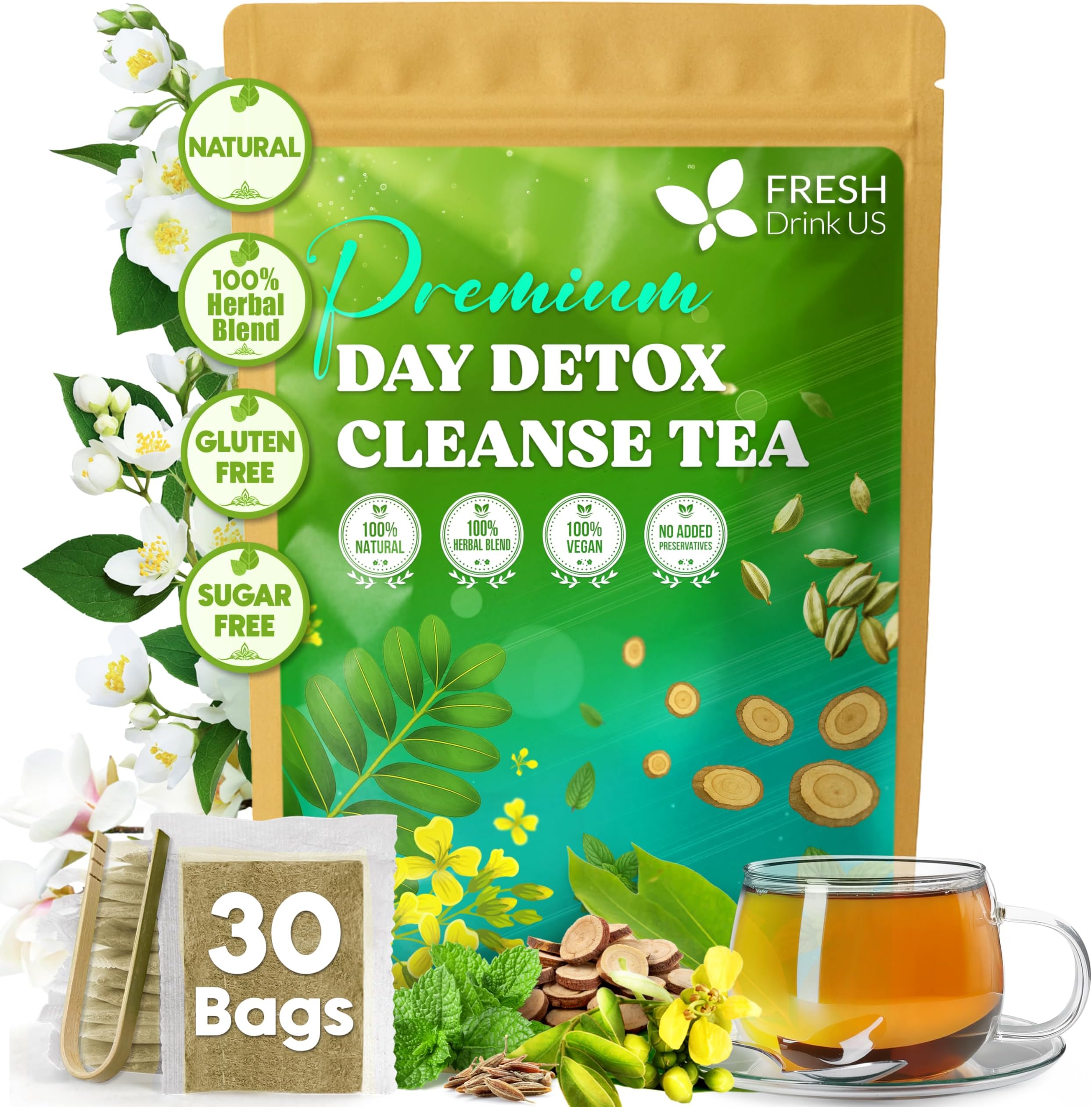 FreshDrinkUS, 75 Teabags of Herbal Day Cleanse Tea – 75 Day Program | Refreshing Mint Blend with Dandelion, Senna & Hibiscus | Naturally Supports Wellness & Light-Feeling | Caffeine-Free Herbal Tea