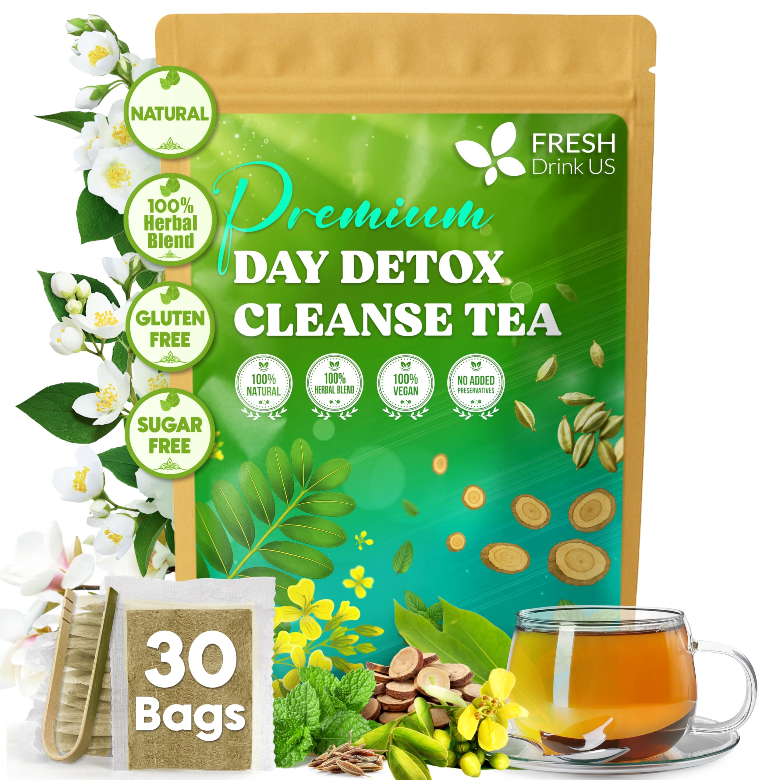 FreshDrinkUS, 75 Teabags of Herbal Day Cleanse Tea – 75 Day Program | Refreshing Mint Blend with Dandelion, Senna & Hibiscus | Naturally Supports Wellness & Light-Feeling | Caffeine-Free Herbal Tea