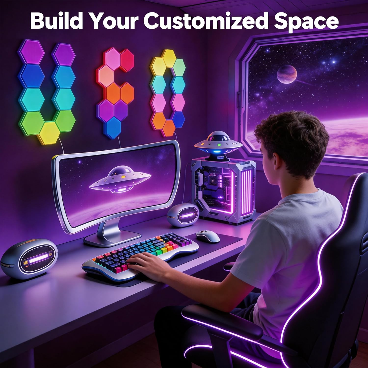 Hexagon LED Light Wall Panels – RGB Smart Gaming Light with App, Remote and Music Sync, Modular Gaming Wall Decor for Bedroom, Game and Living Room(20-Pack)