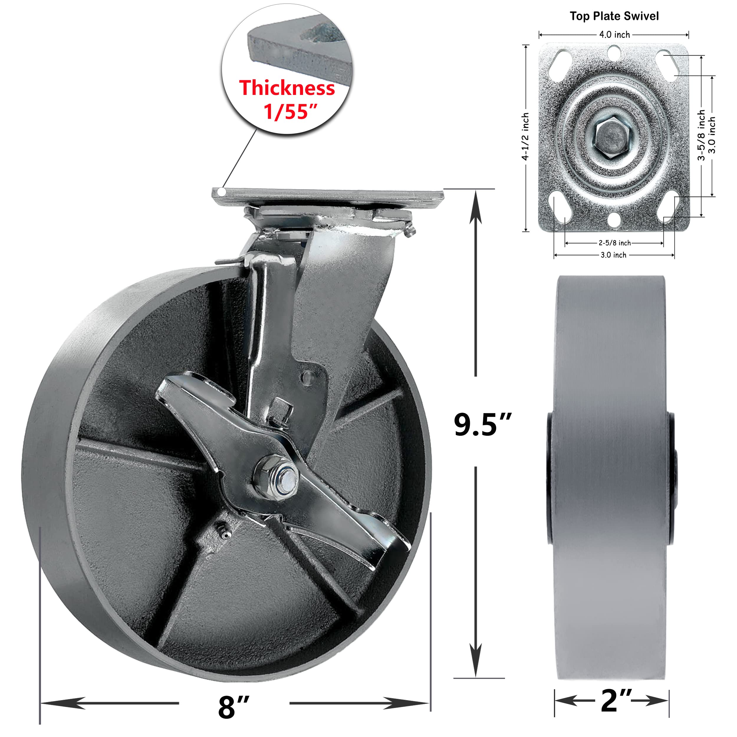 Set Di Ruote Girevoli 2x Con Freno Diametro 75mm Con Perno Filettato C