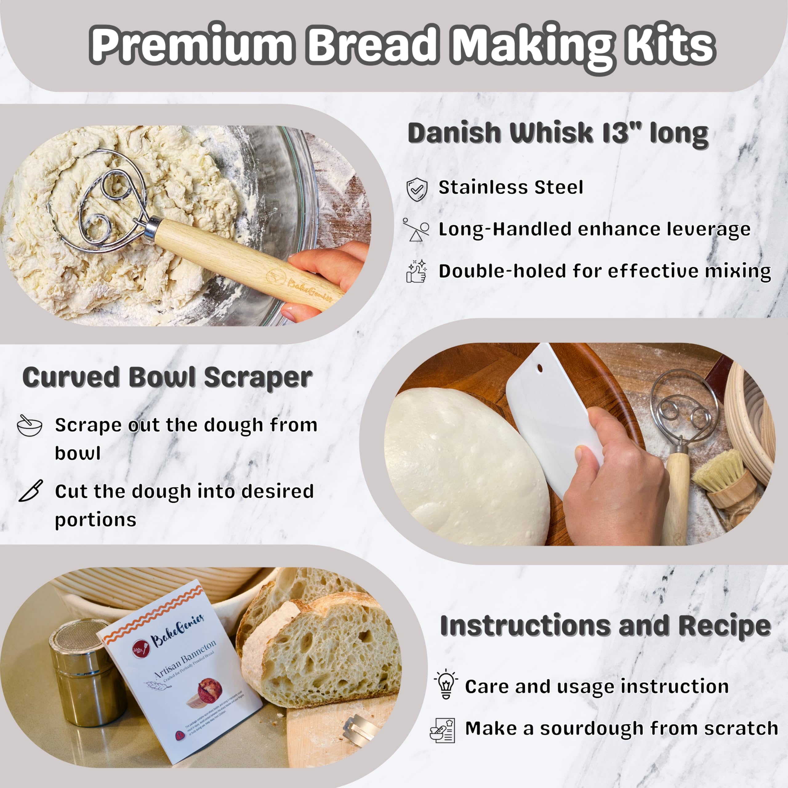 Artisan Bread Banneton Proofing Basket Set mit 2, 2 Stück, rund & 25,4 cm (10 Zoll), oval, mit Danish Whisk, Dough Cutter, Scraper, Flour Duster, Cleaning Brush, Bread Blade & 10 Klingen