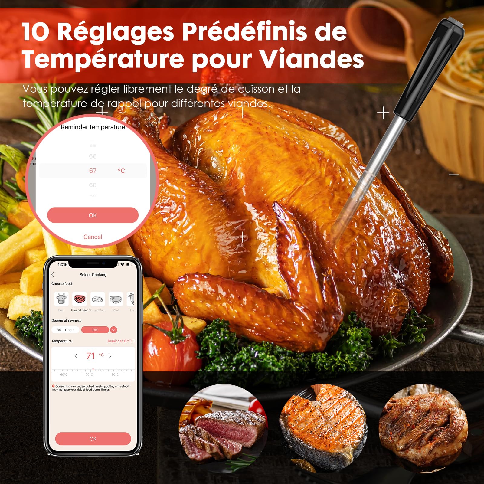 TKMARS Thermometre Cuisine Bluetooth Barbecue Professionnel Sonde Temperature Cuisine Sans Fil Smartphone Application de Surveillance Longue Portée 100M Thermomètre à Viande pour Four Electrique Grill