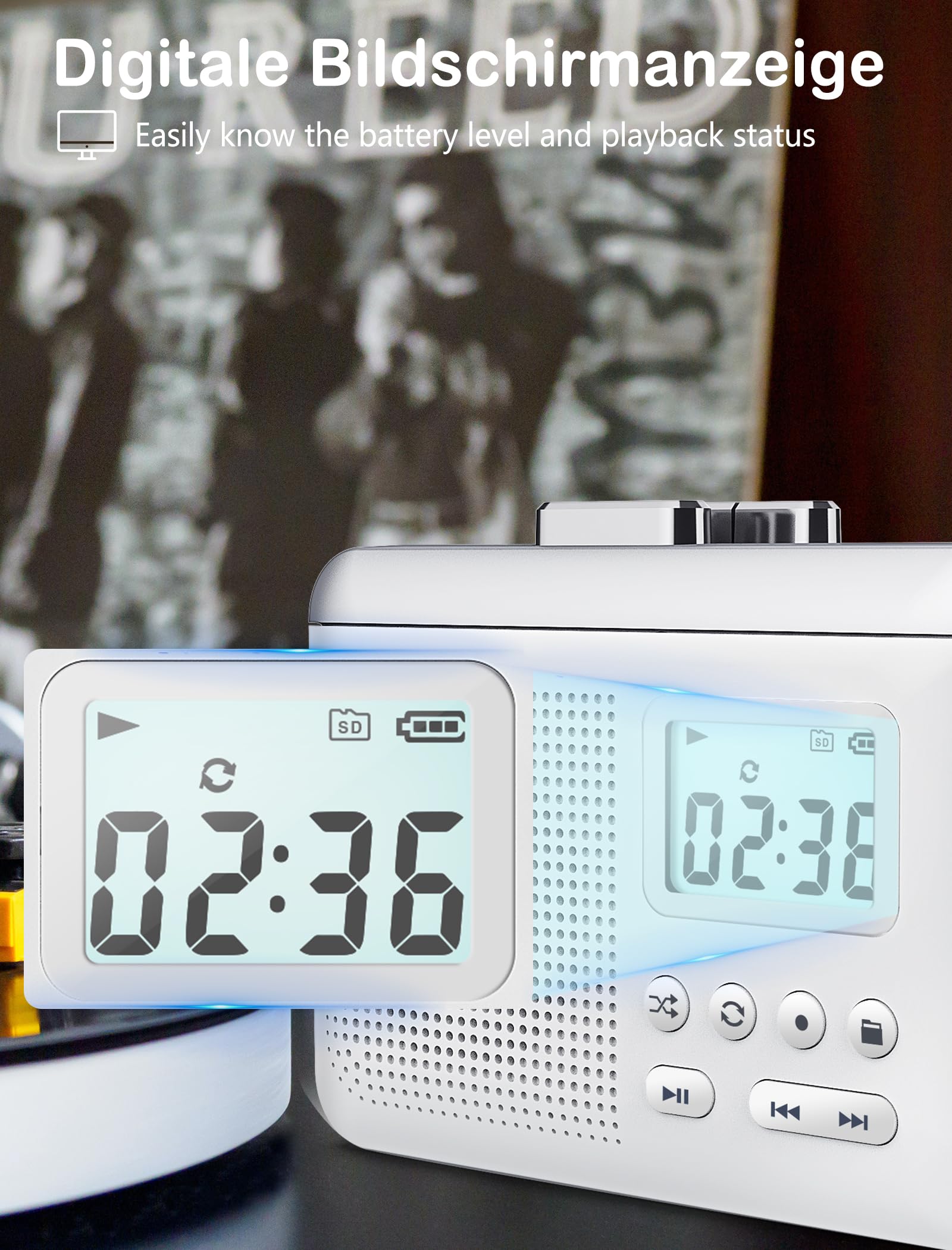 Portable Cassette Player Gracioso tragbarer Kassettenrekorder-Konverter, Kassette zu MP3 über SD-Karte, Kassettenrekorder mit 1000-mAh-Akku, integriertes Mikrofon und Lautsprecher, Kopfhöreranschluss