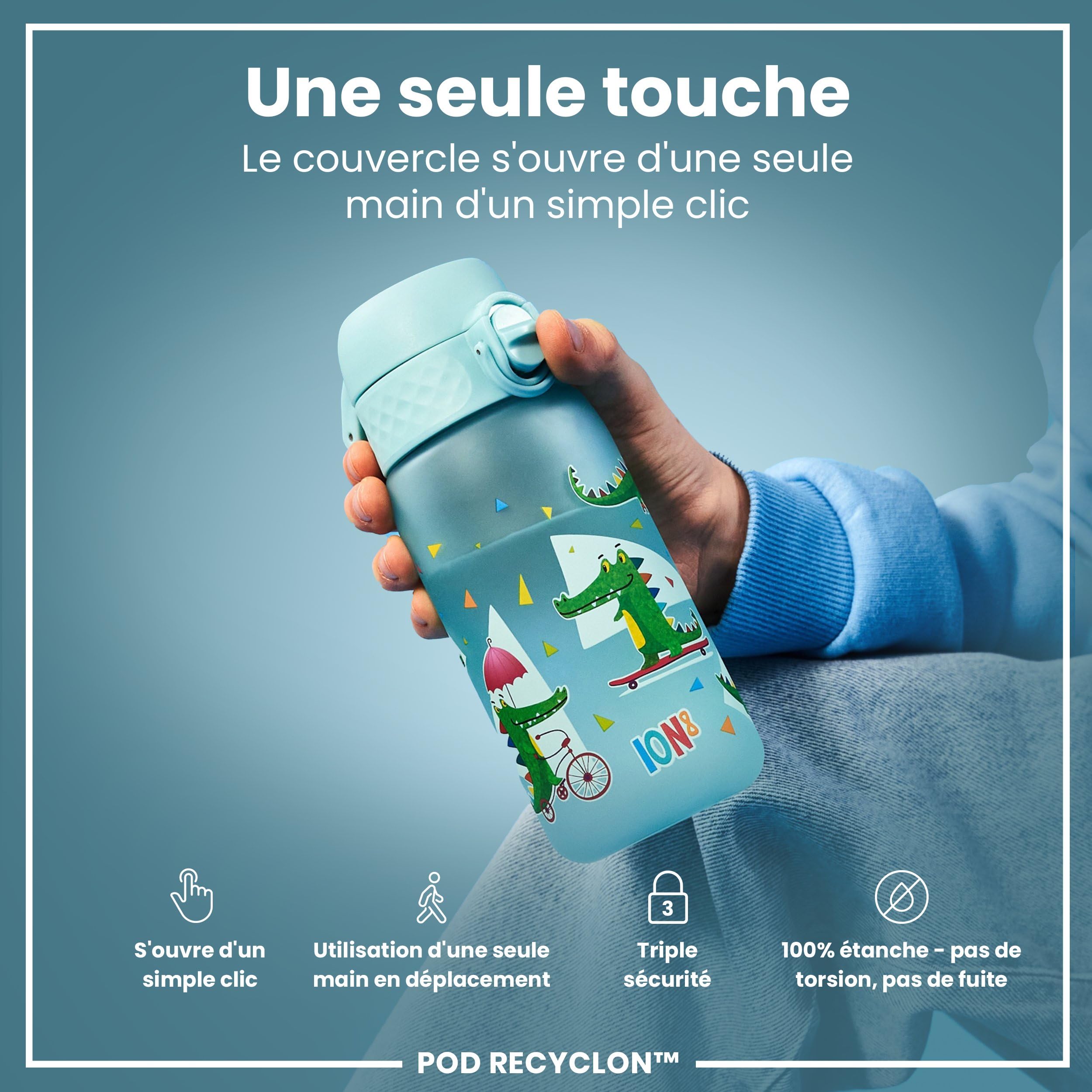 ION8 Gourde Enfant, 350ml, Anti-Fuite, Facile à Ouvrir, Verrouillage Sécurisé, Lavable en Lave-Vaisselle, Sans BPA, Poignée de Transport, Facile à Nettoyer, Carbone Neutre, Motif Crocodiles