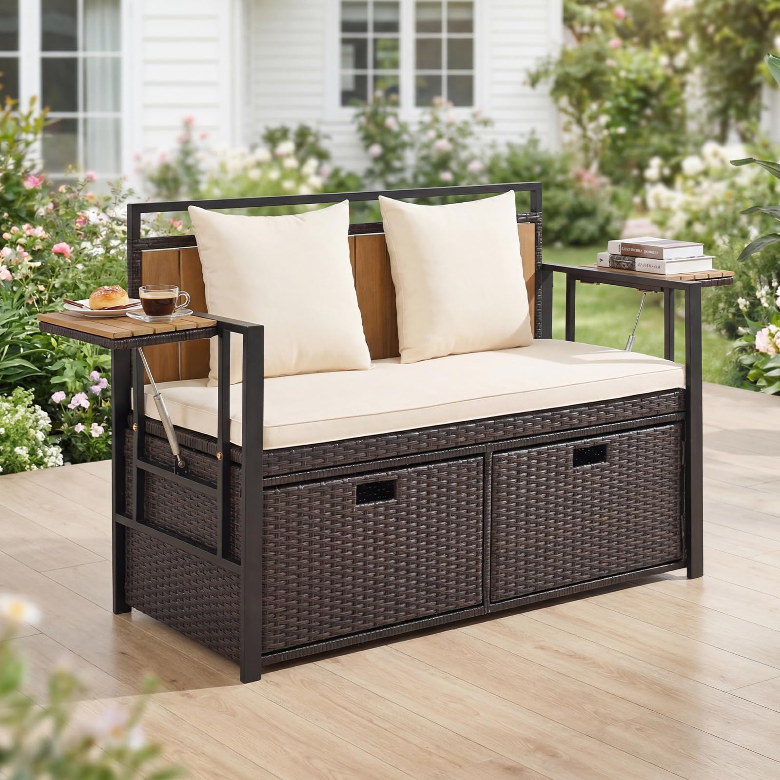 COSTWAY 2 en 1 Banc Coffre Extérieur en Rotin PE, Banc de Jardin 2 Places avec Coussins, Coffre de Rangement 142,5 L, 2 Tables d'Appoint Pliables, Charge 360 kg, pour Terrasse Jardin Balcon (Blanc)