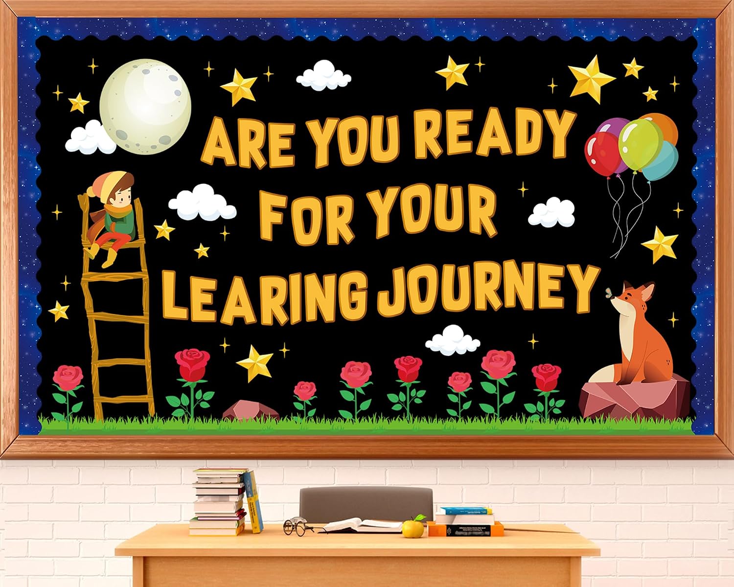Space Bulletin Board Decorations Set Starry Sky Learning Journey Bulletin Boarder Starry Sky Rose Fox Boy Star Moon Balloon Paper Cutouts for Toddler Kids School Classroom Home Chalkboard Wall Decor