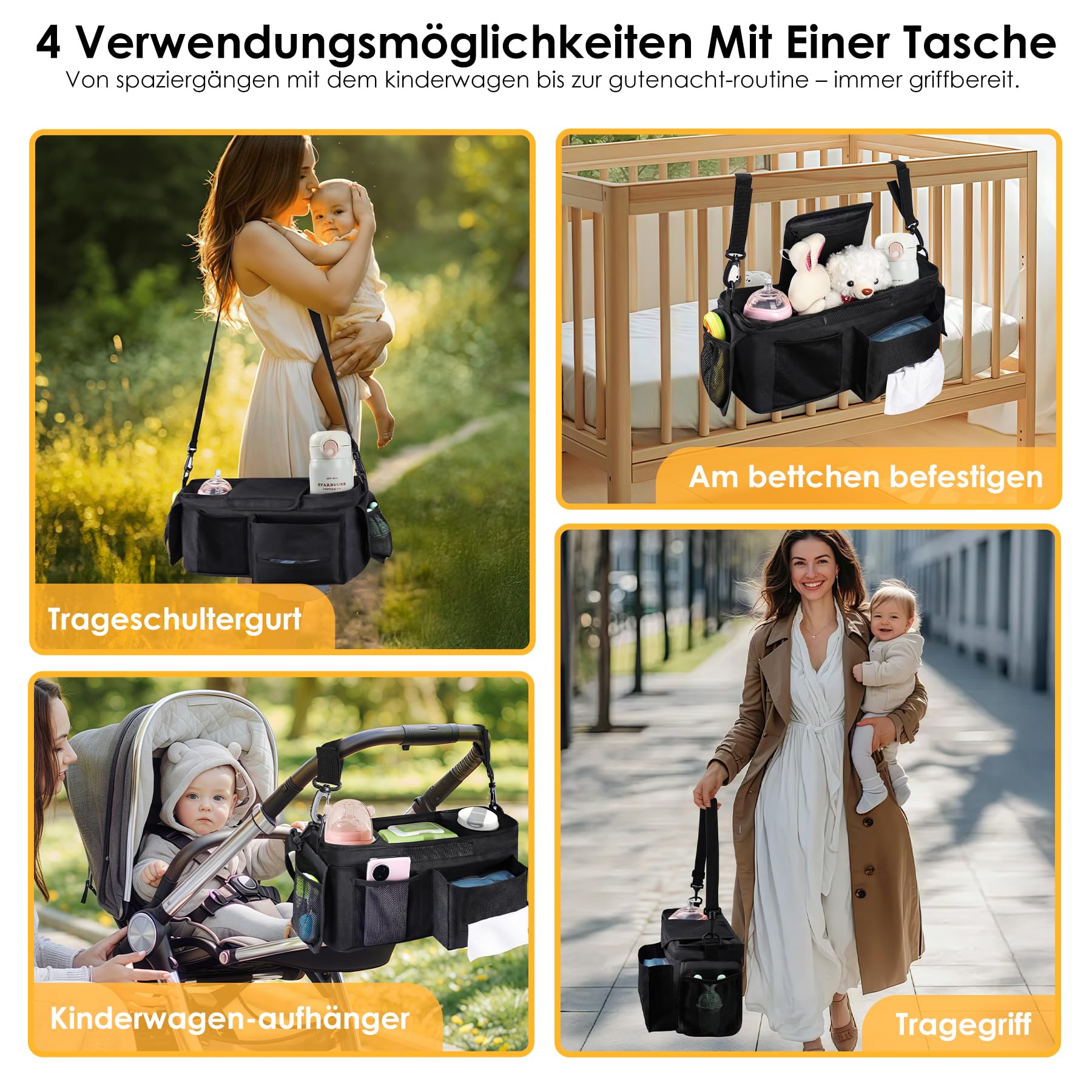 Universal Kinderwagen Organizer mit isolierten Getränkehalter/Becherhalter, Verstellbare Baby Buggy Kinderwagentasche für Windeln & Handys, Baby Kinderwagen Schultergurt & Zubehör (Schwarz)