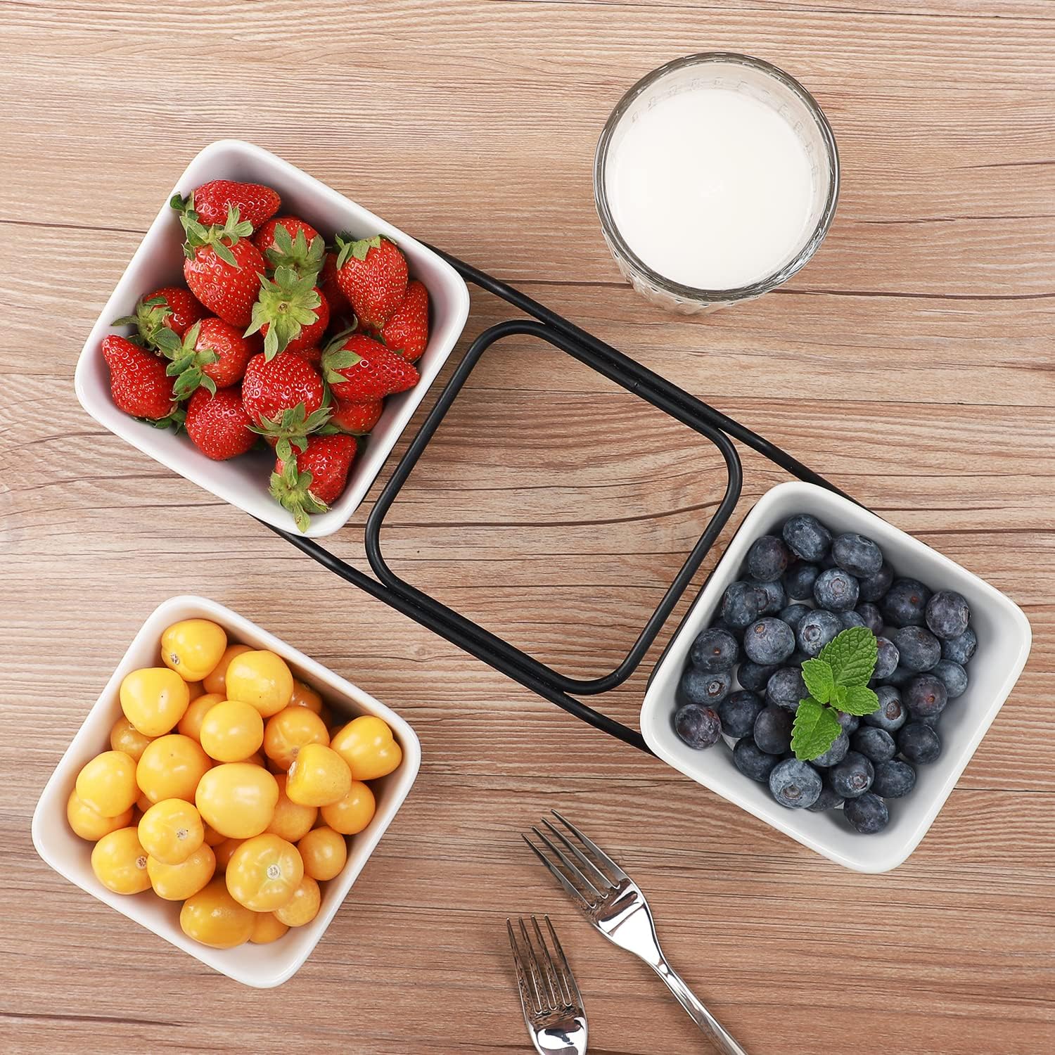  | Buyajuju 3 pcs square bowl Porcelain Chip & Dip Serving Set with Black Metal Stand, 4.5inch White Small Serving Bowls for Side Dishes, Salsa, Appetizer, Serving Dishes for Entertaining: Chip & Dip Sets