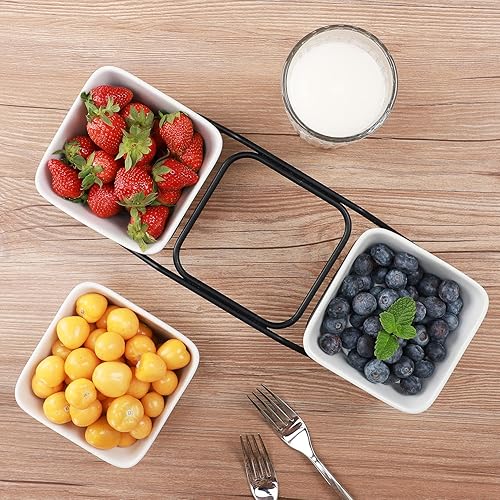 Miniatura 8 de Buyajuju 3 pcs square bowl Porcelain Chip & Dip Serving Set with Black Metal Stand, 4.5inch White Small Serving Bowls for Side Dishes, Salsa,
