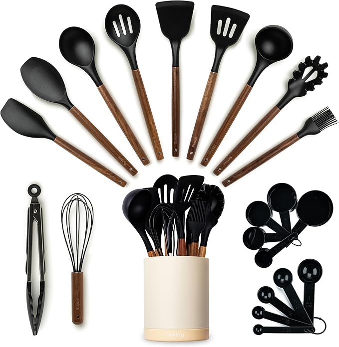 Silicone Kitchen Utensils Set & Holder: Cooking Utensils Set - Kitchen Essentials for New Home & 1st Apartment- Silicone Spatula Set, Cooking Spoons for Nonstick Cookware (Acacia Wood, Black)