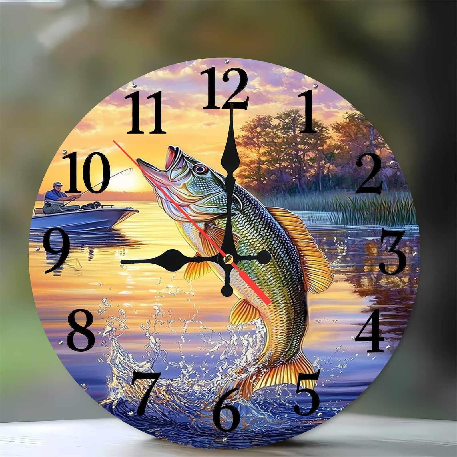 Horloge murale 35cm en bois motif pêche moderne et silencieuse