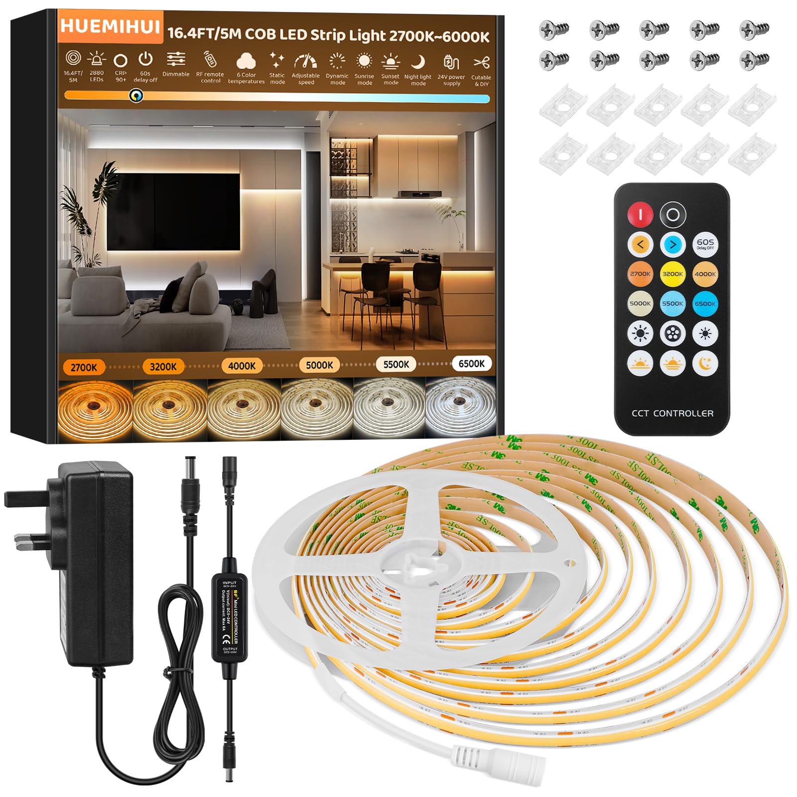 HUEMIHUI COB LED Strip Lights 5M, High Density Super Bright 2880LEDs Flexible COB LED Lights with RF Remote,Dimmable 2700K-6500K CRI90+ 24V DIY Tape Light Kit with 24V Power Supply, for Home Office