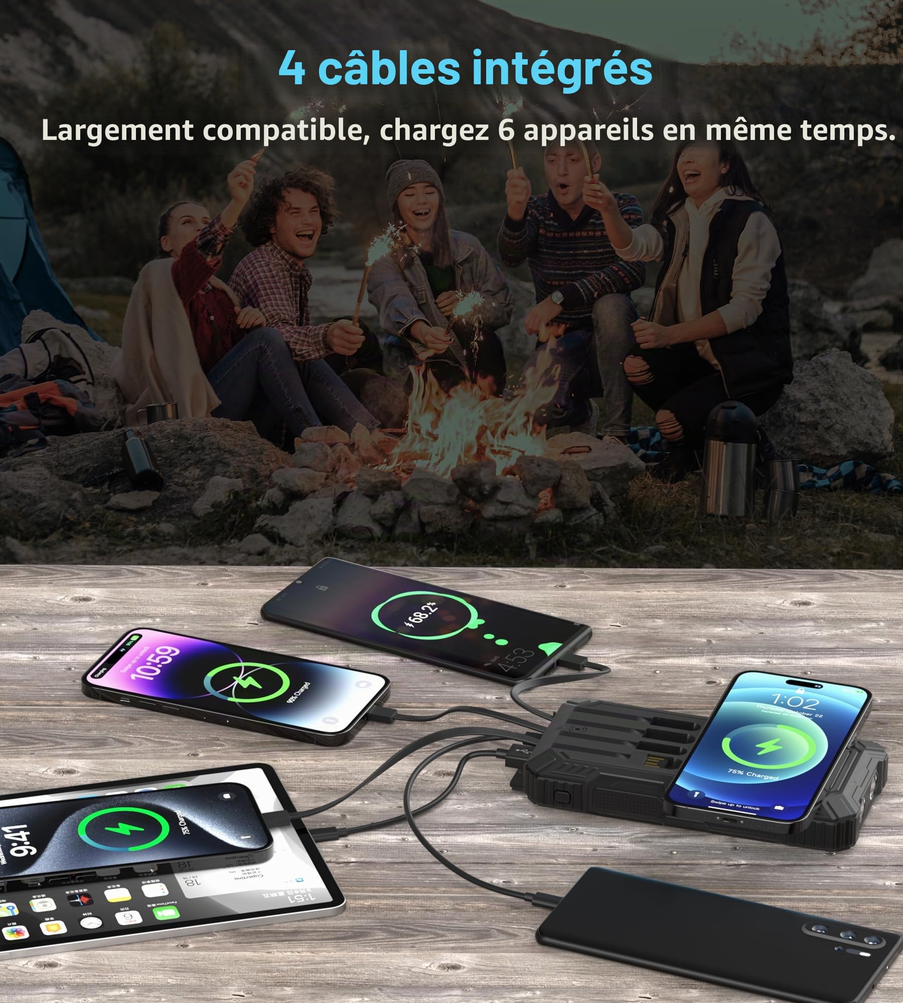 56800mAh Batterie Externe Solaire: 30W PD 3.0A USB C Power Bank Charge Rapide avec 4 Câbles, 6 Sorties/3 Entrées, 15W Chargement sans Fil, Lampe de Poche, Voyant LED, Chargeur Externe pour Téléphone