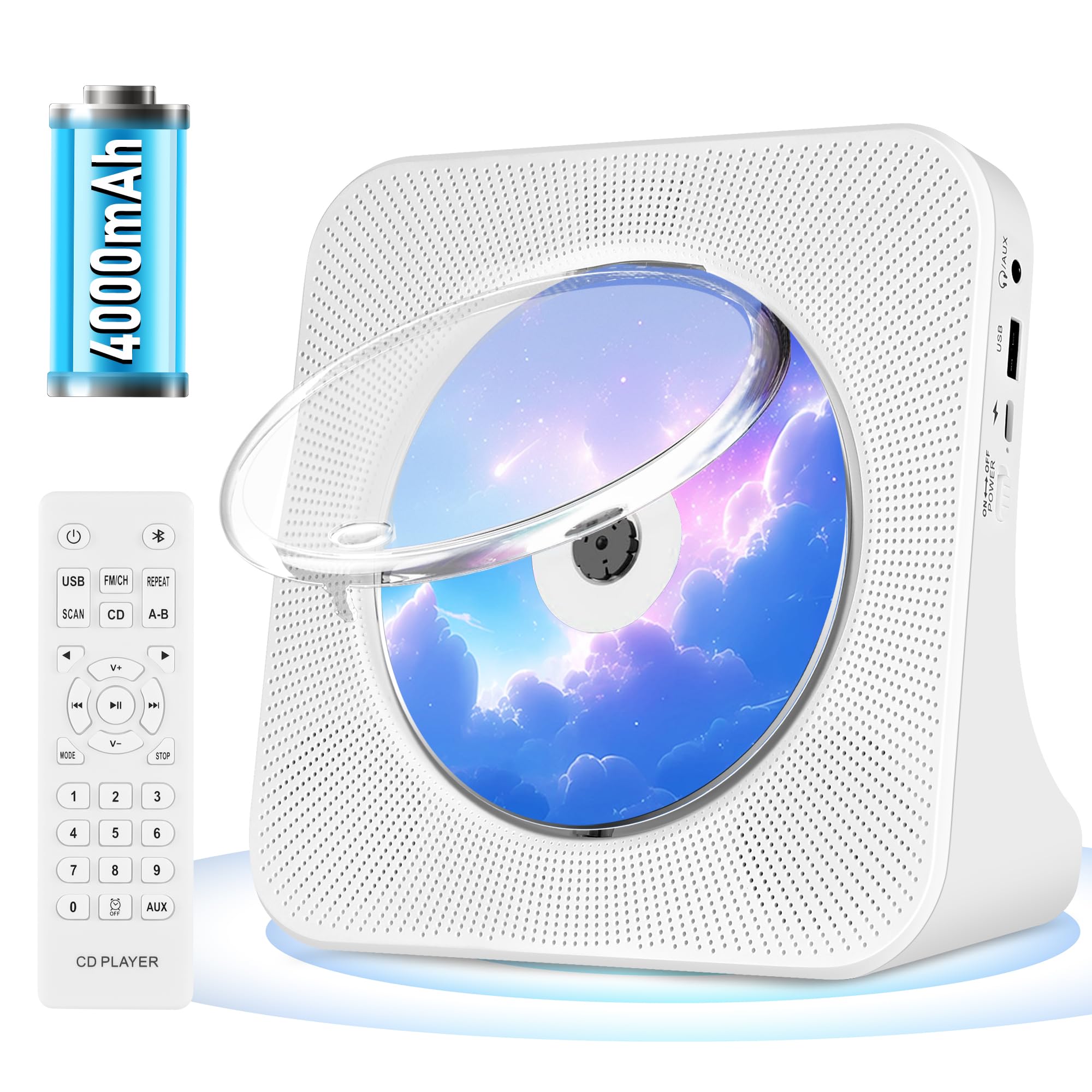 Ładowalny Przenośny Odtwarzacz CD，Wbudowany Odtwarzacz CD Bluetooth z Dwoma Głośnikami, Pilot Zdalny, USB，AUX，Domowe Odtwarzaczes CDs HiFi Stereo，Odtwarzaczs CDs Kompaktowy, Radio FM