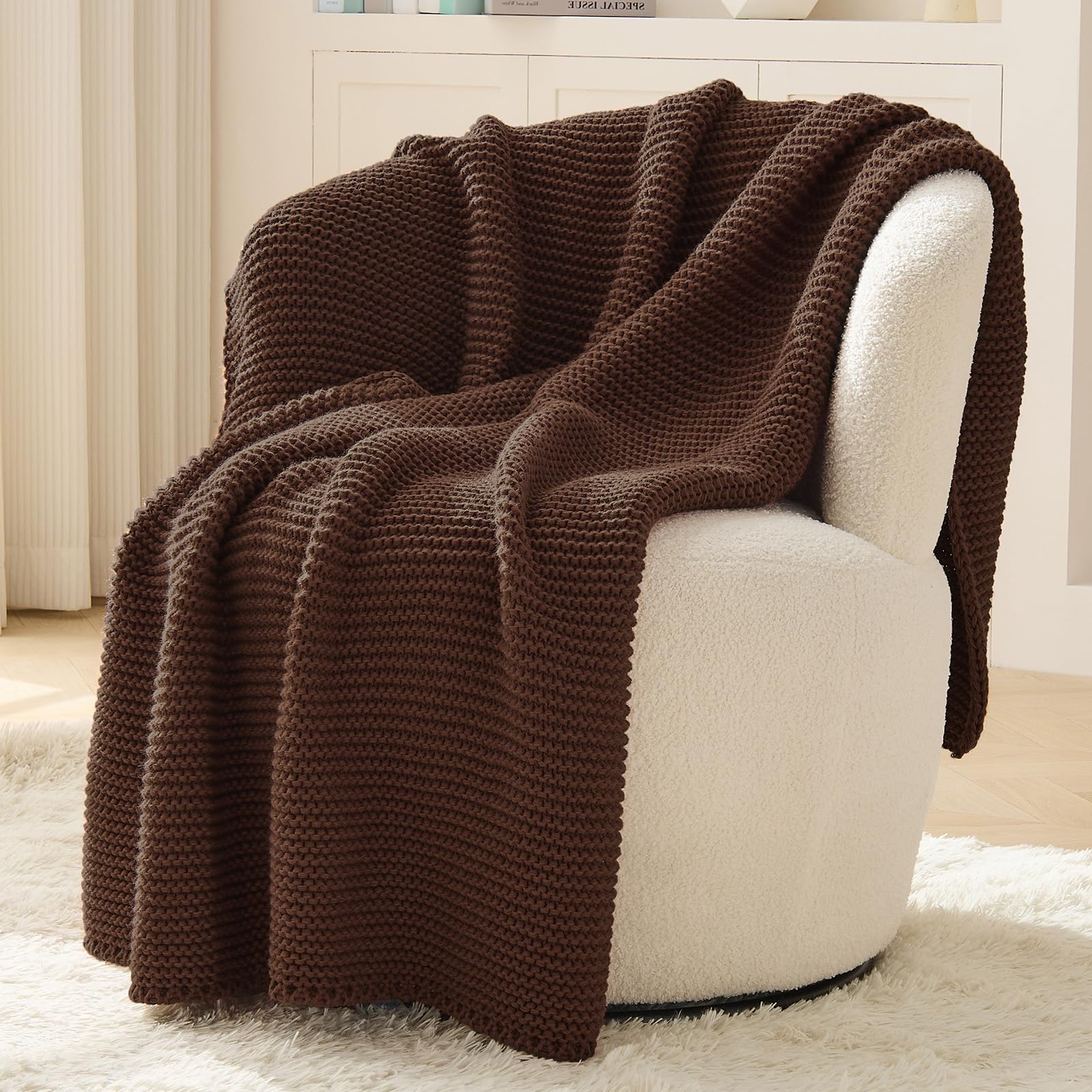 Chunky Knit Throw Blanket for Couch, Brown Throw Blanket, Soft Cozy Stretchy Reversible Garter Knitted Blankets for Bed, 50"x60", Dark Brown