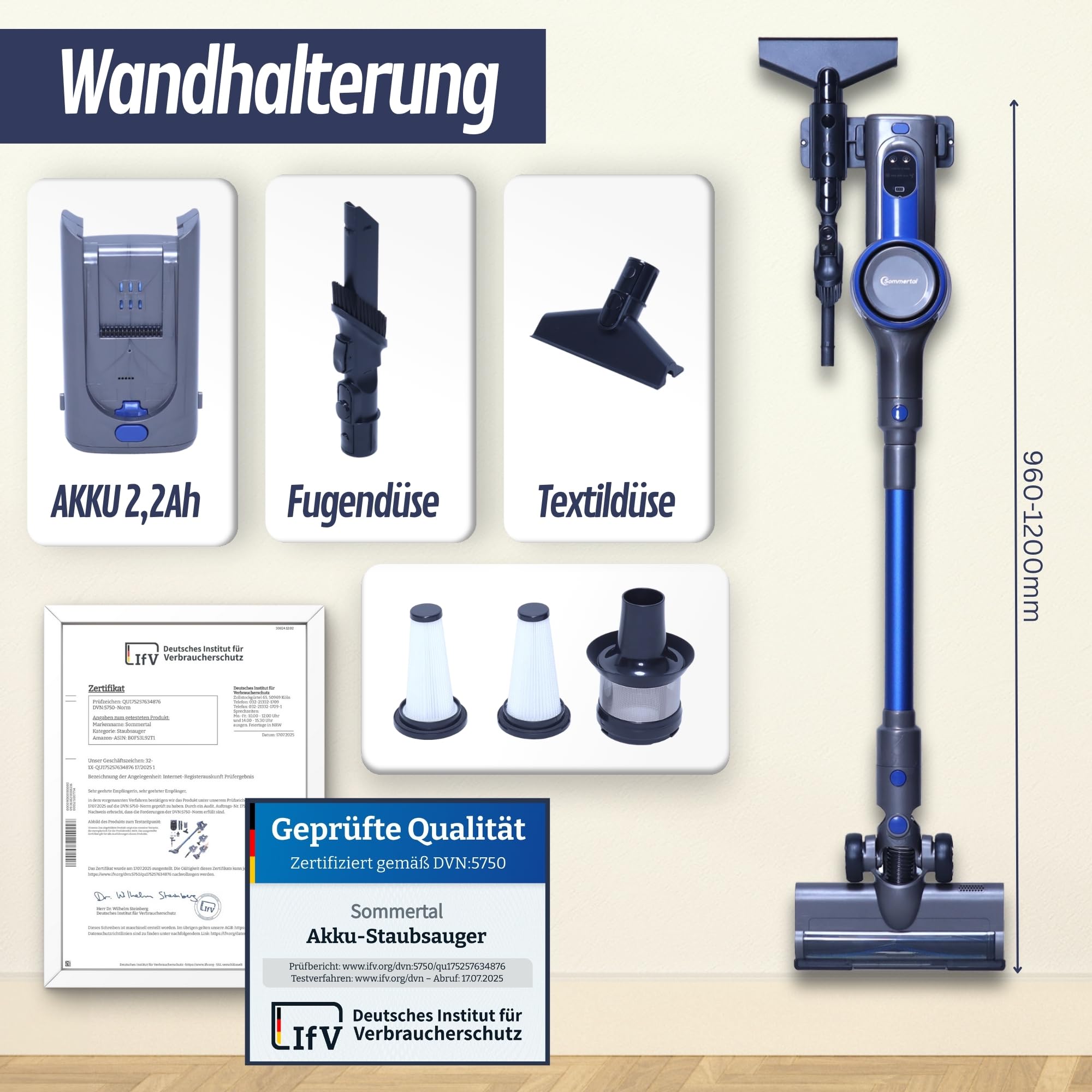 Sommertal VARIO150 Akku Staubsauger 3in1 | 45min, 300m², kabellos, leicht | Handstaubsauger & Stabsauger kabellos, 360.000L/Akkuladung, für Teppich, Hartböden, Tierhaare & Allergiker, kompakt & leise