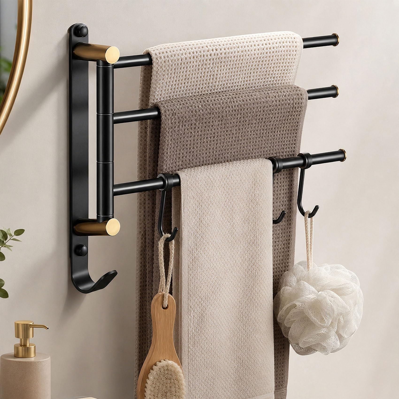 Toallero Giratorio para baño, Toallero de Latón Macizo Premium, Barra Giratoria 180 Grados con Ganchos, Color Dorado Cepillado, Montaje en Pared, 4 Barras(Black Gold,27cm/10.6in)