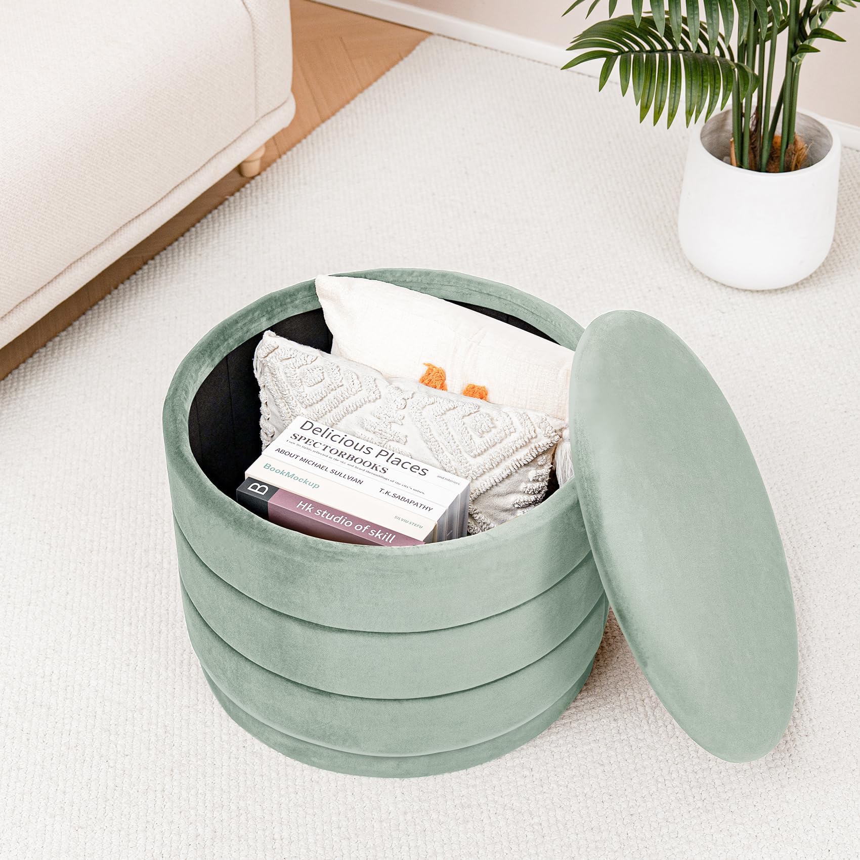 Bonlife Otomana Redonda con Tapa, reposapiés Plegable con Mesa, reposapiés, reposapiés para salón, Dormitorio, Pasillo, Terciopelo Color Salvia, 58 x 58 x 44 cm